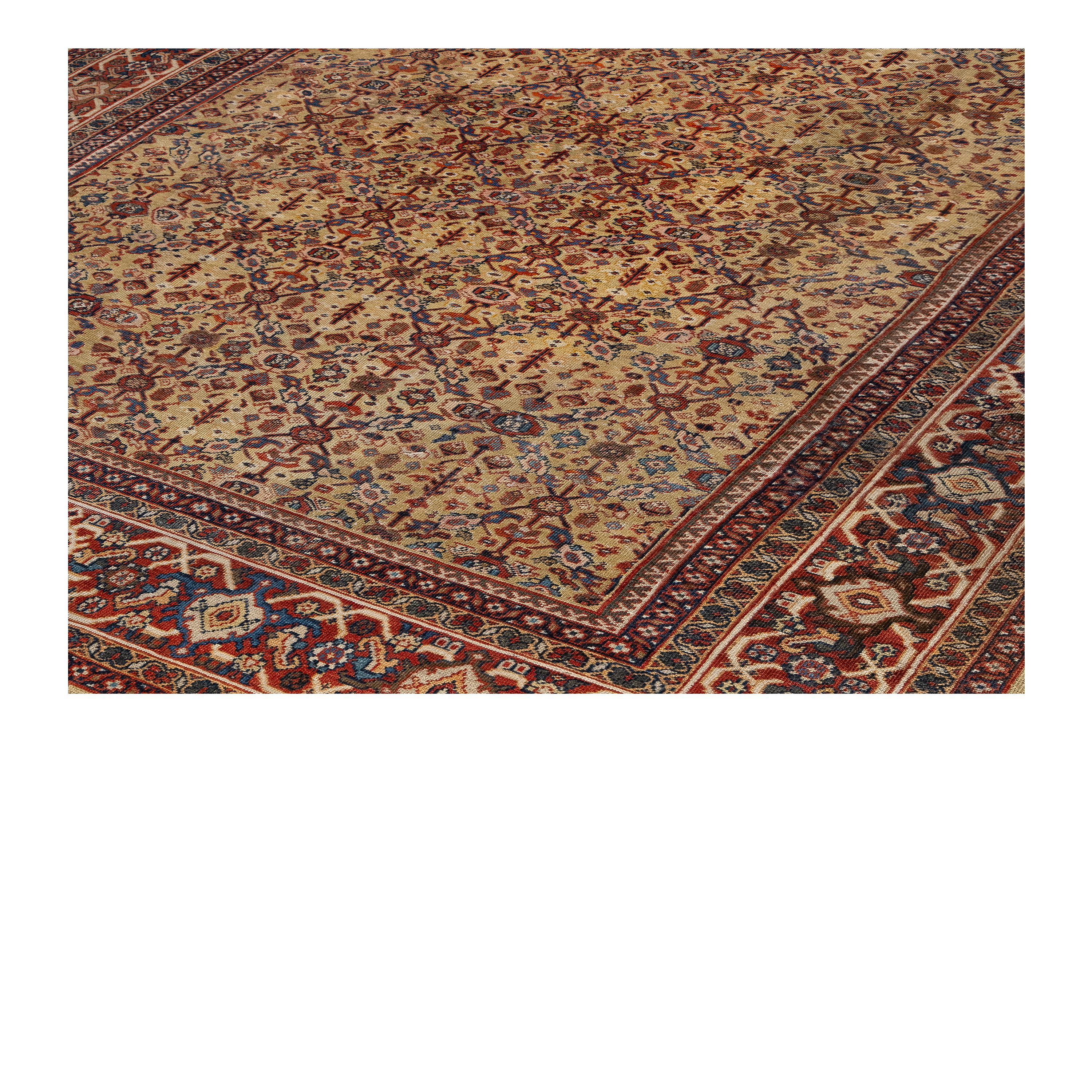 Mahal antique rug in gold color, handwoven in Iran with a classic traditional design