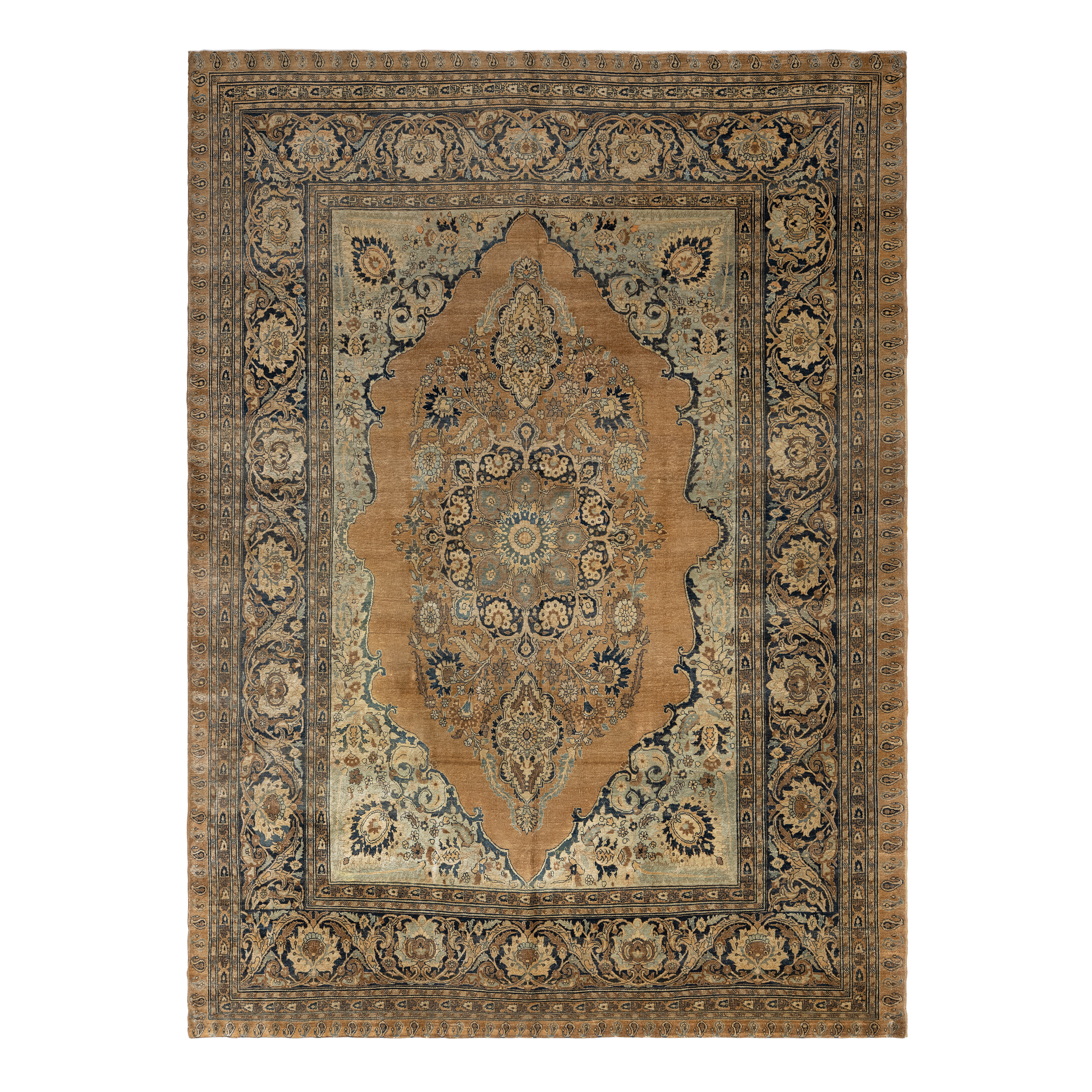 Tabriz antique rug in rust color, handwoven in Iran with classic Persian medallion design