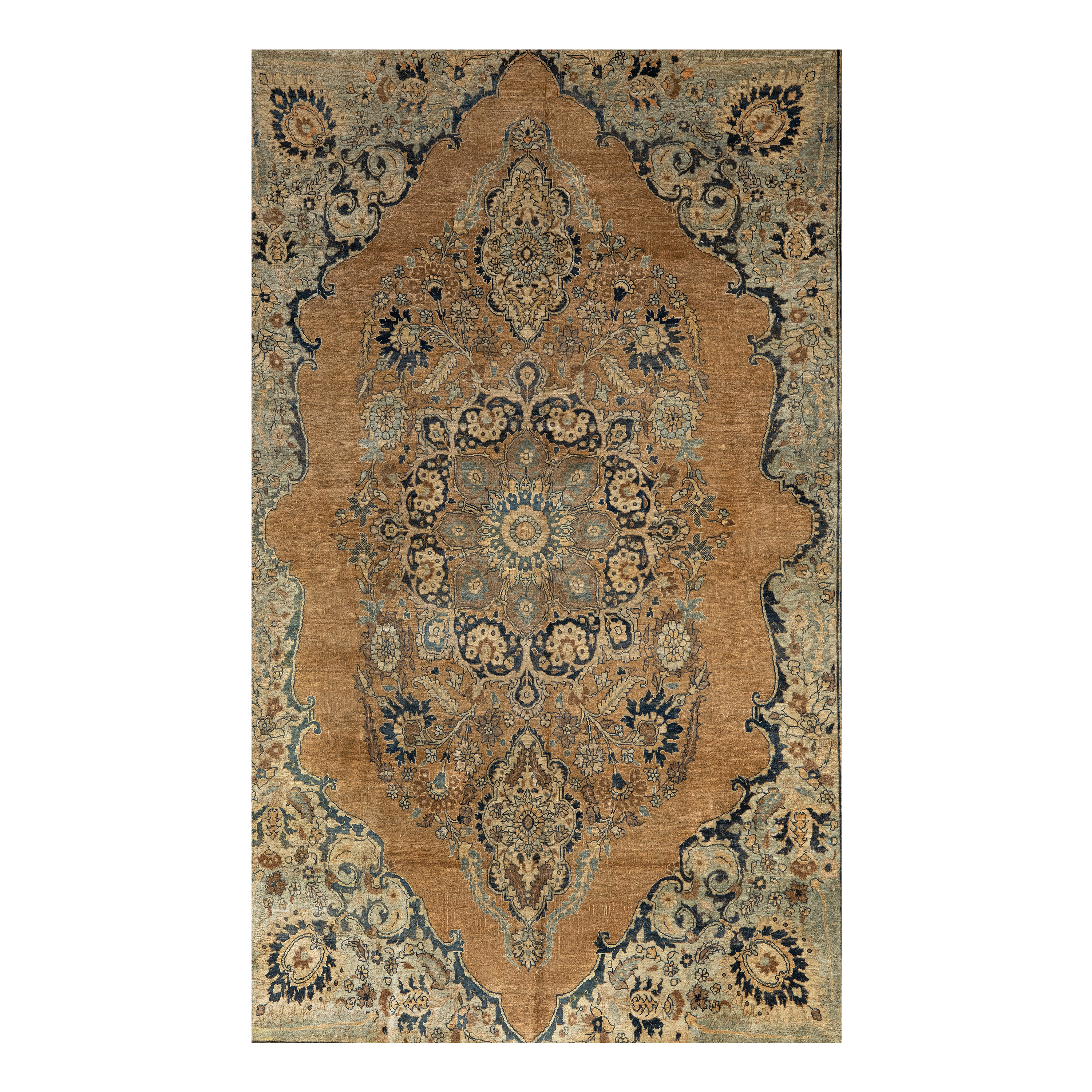 Tabriz antique rug in rust color, handwoven in Iran with classic Persian medallion design