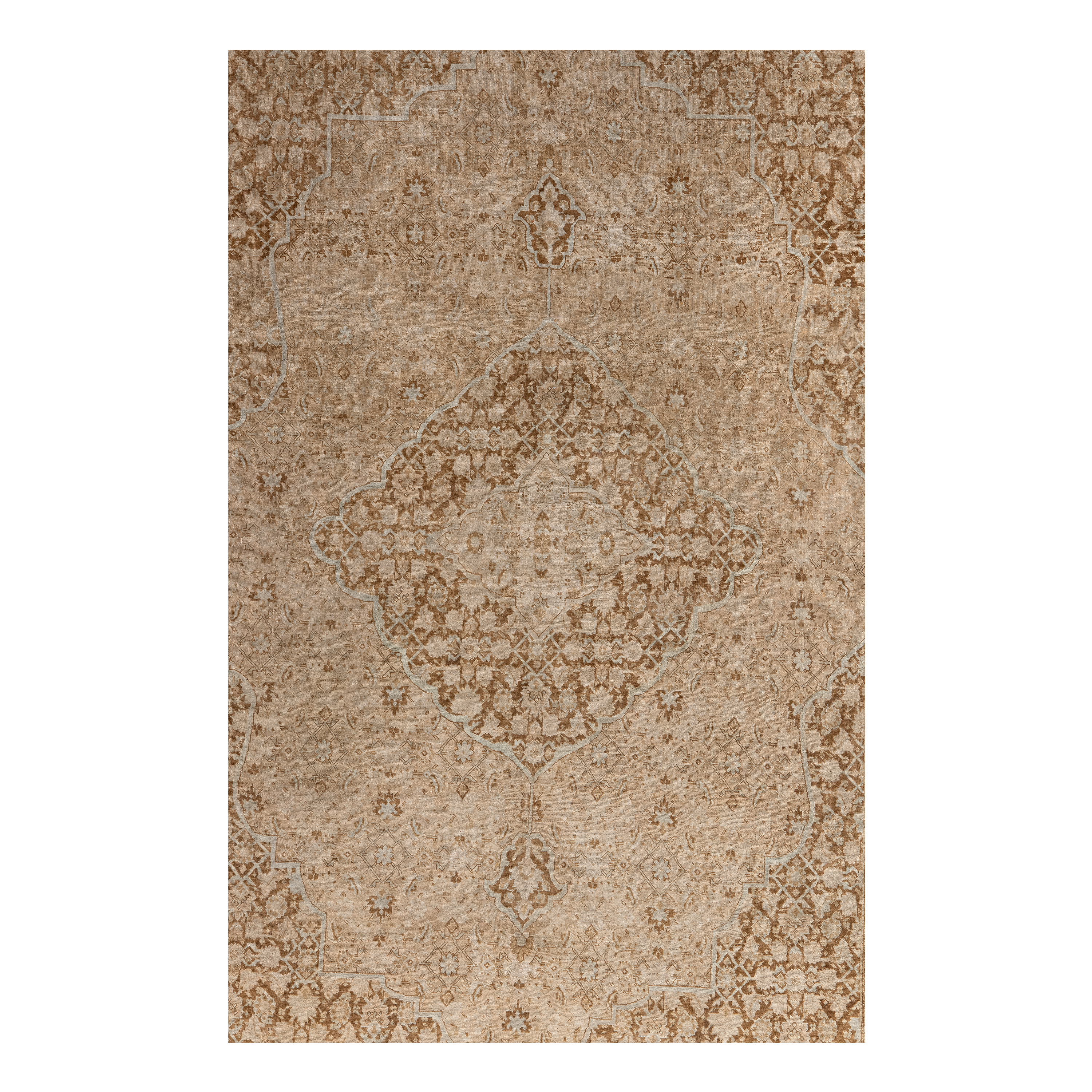 Tabriz antique rug in beige color, handwoven in Iran with classic medallion design