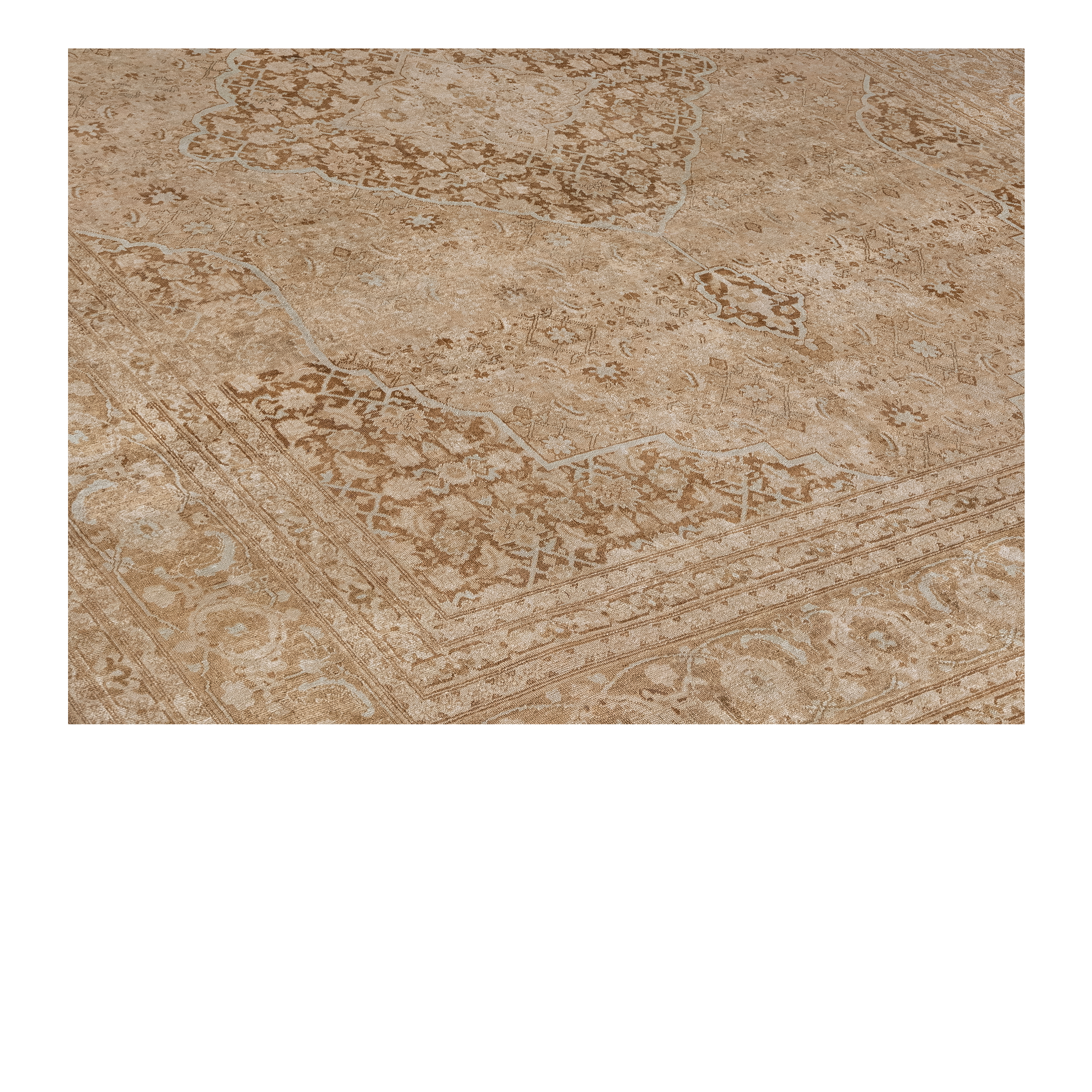 Tabriz antique rug in beige color, handwoven in Iran with classic medallion design