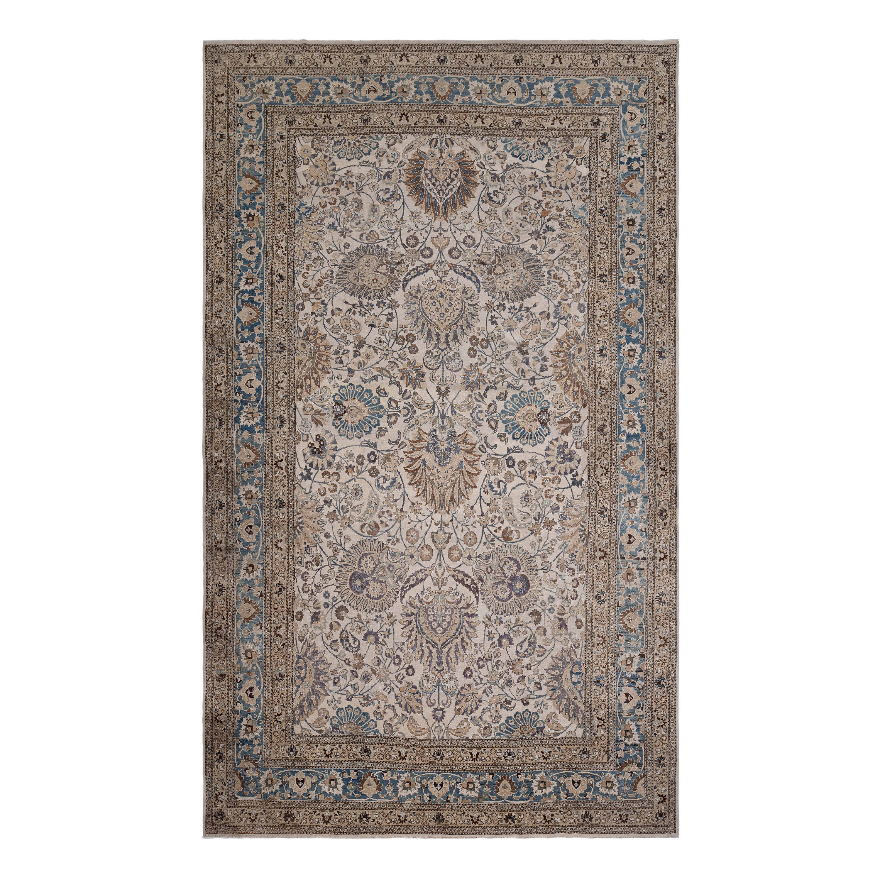 Mashhad antique rug in cream color, handwoven in Iran with classic floral design