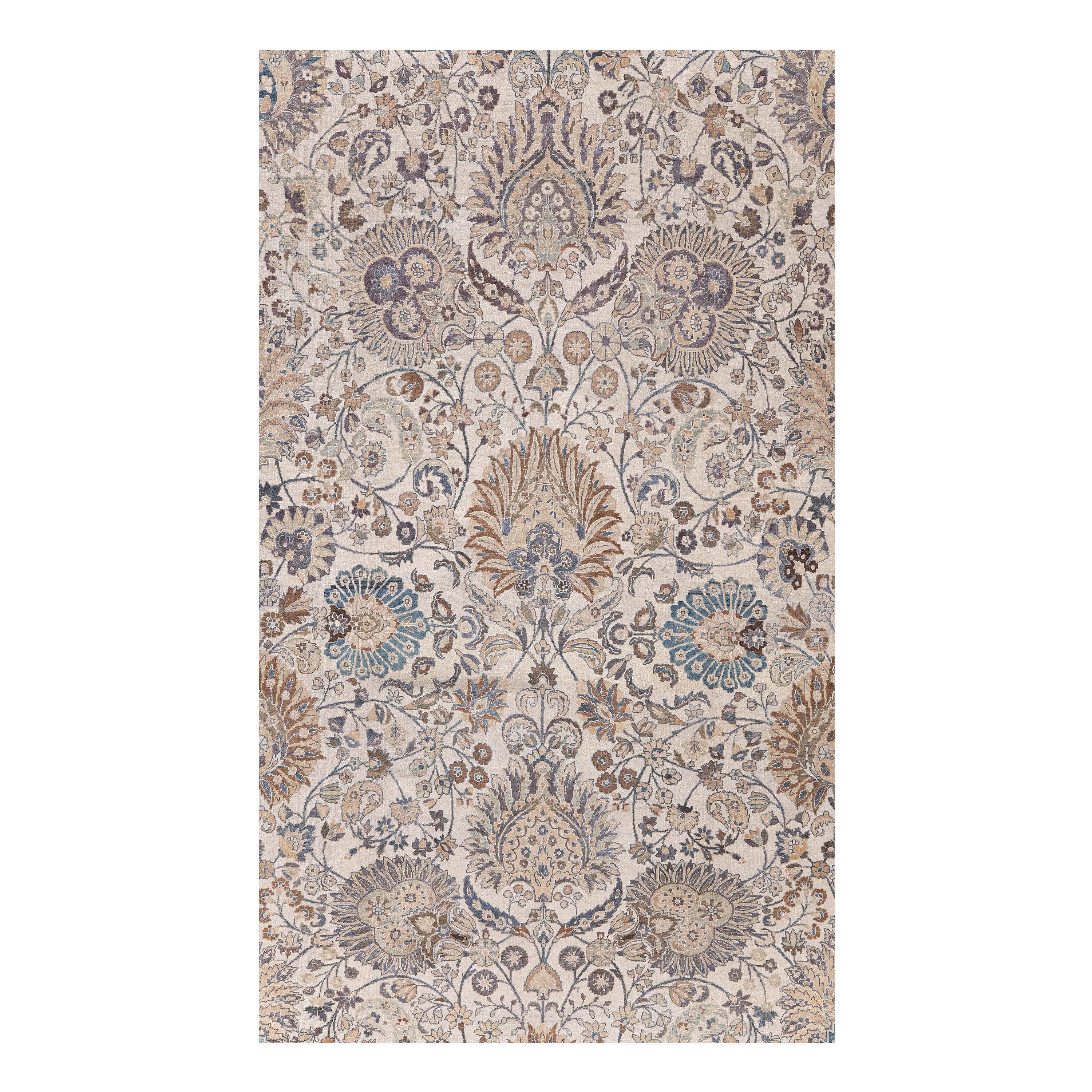 Mashhad antique rug in cream color, handwoven in Iran with classic floral design