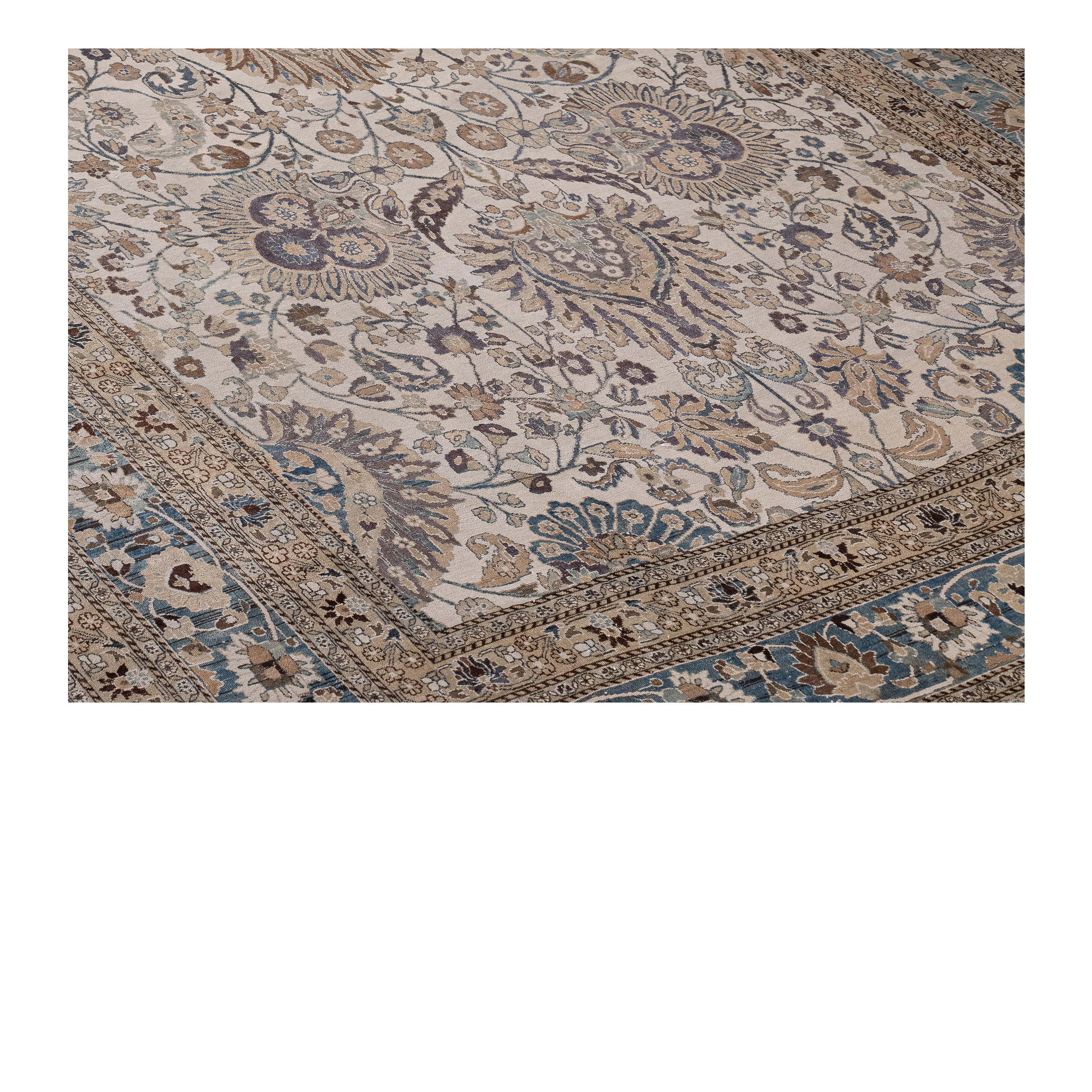 Mashhad antique rug in cream color, handwoven in Iran with classic floral design