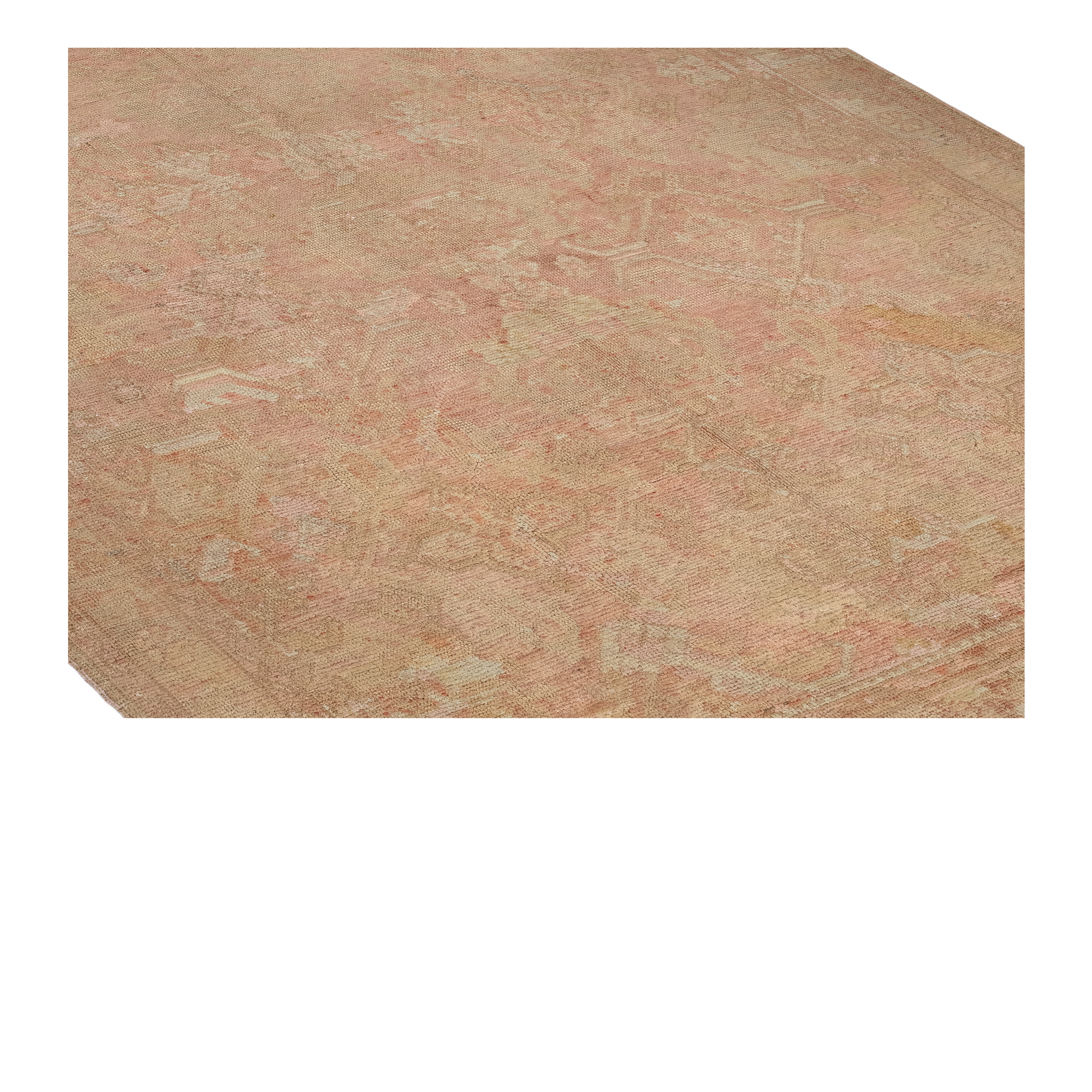Oushak antique rug in salmon color, handwoven in Turkey with traditional design