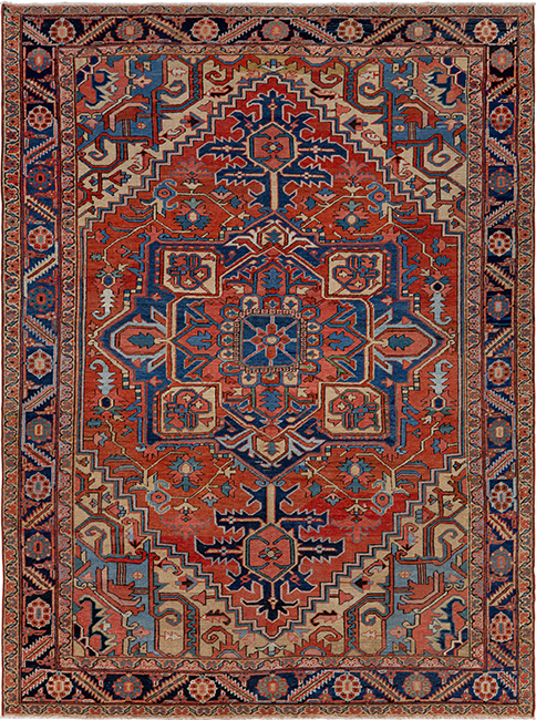 Antique Serapi rug in rust color, handwoven in Iran with classic geometric medallion design