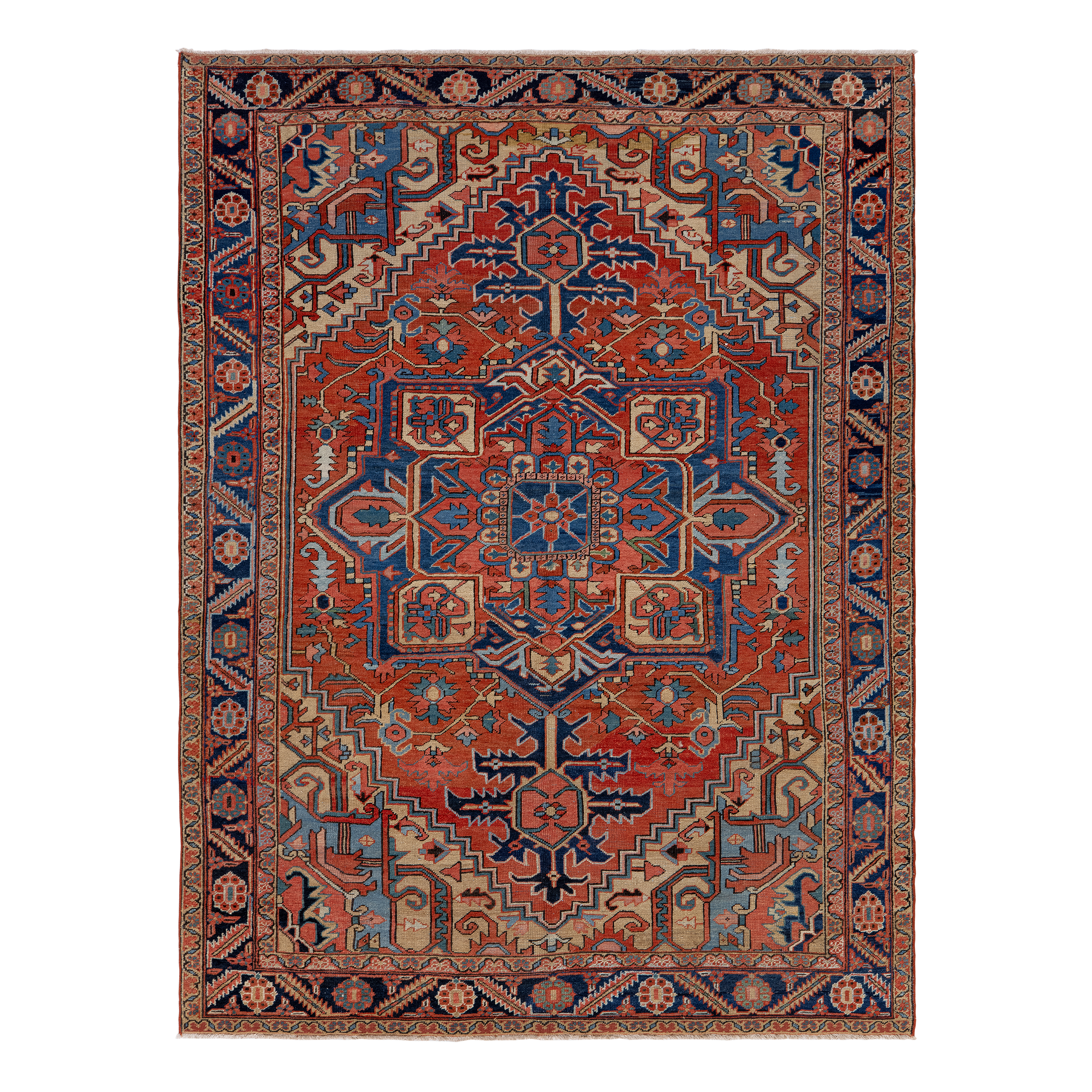 Antique Serapi rug in rust color, handwoven in Iran with classic geometric medallion design