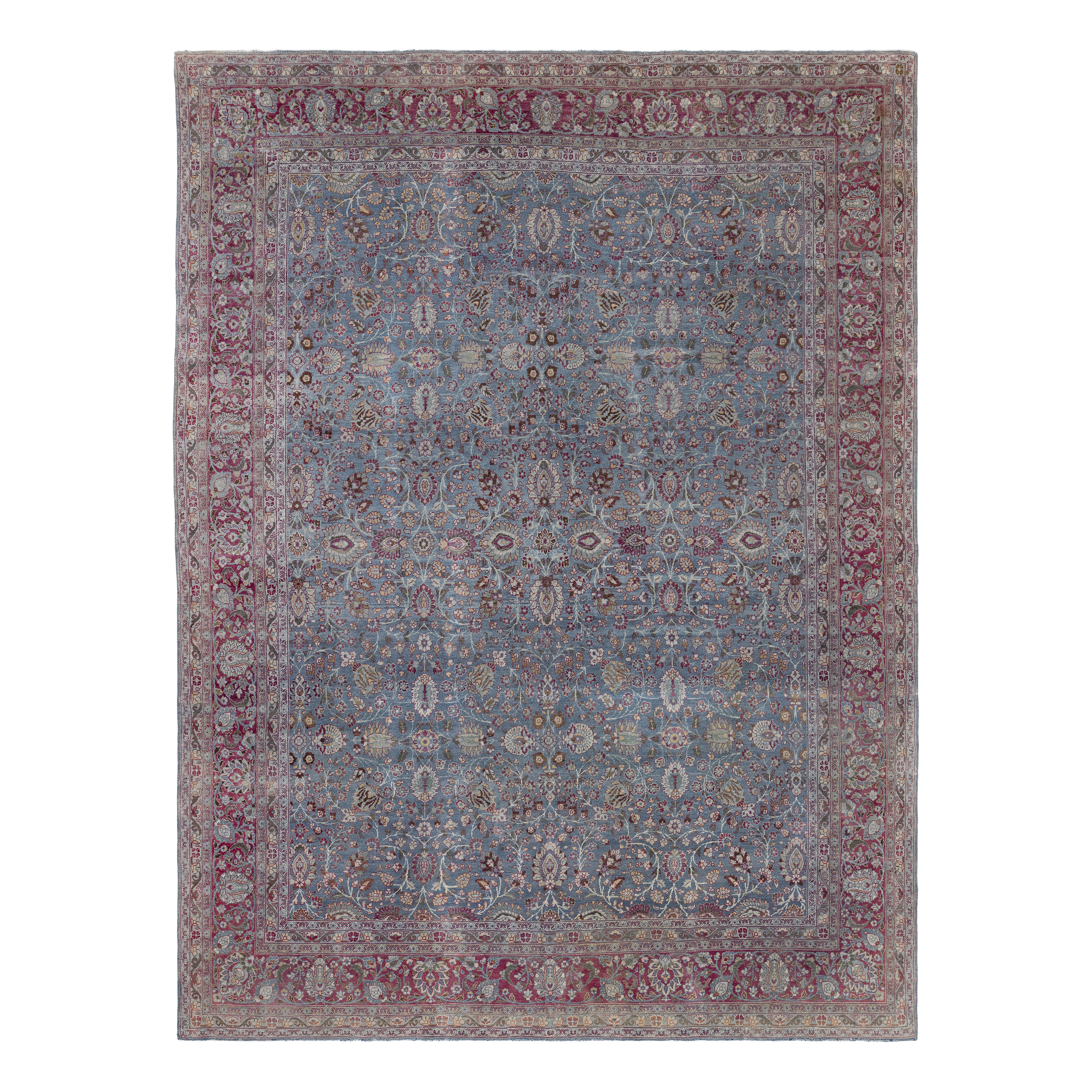 Antique Mashhad Persian rug in purple with intricate floral pattern and detailed border