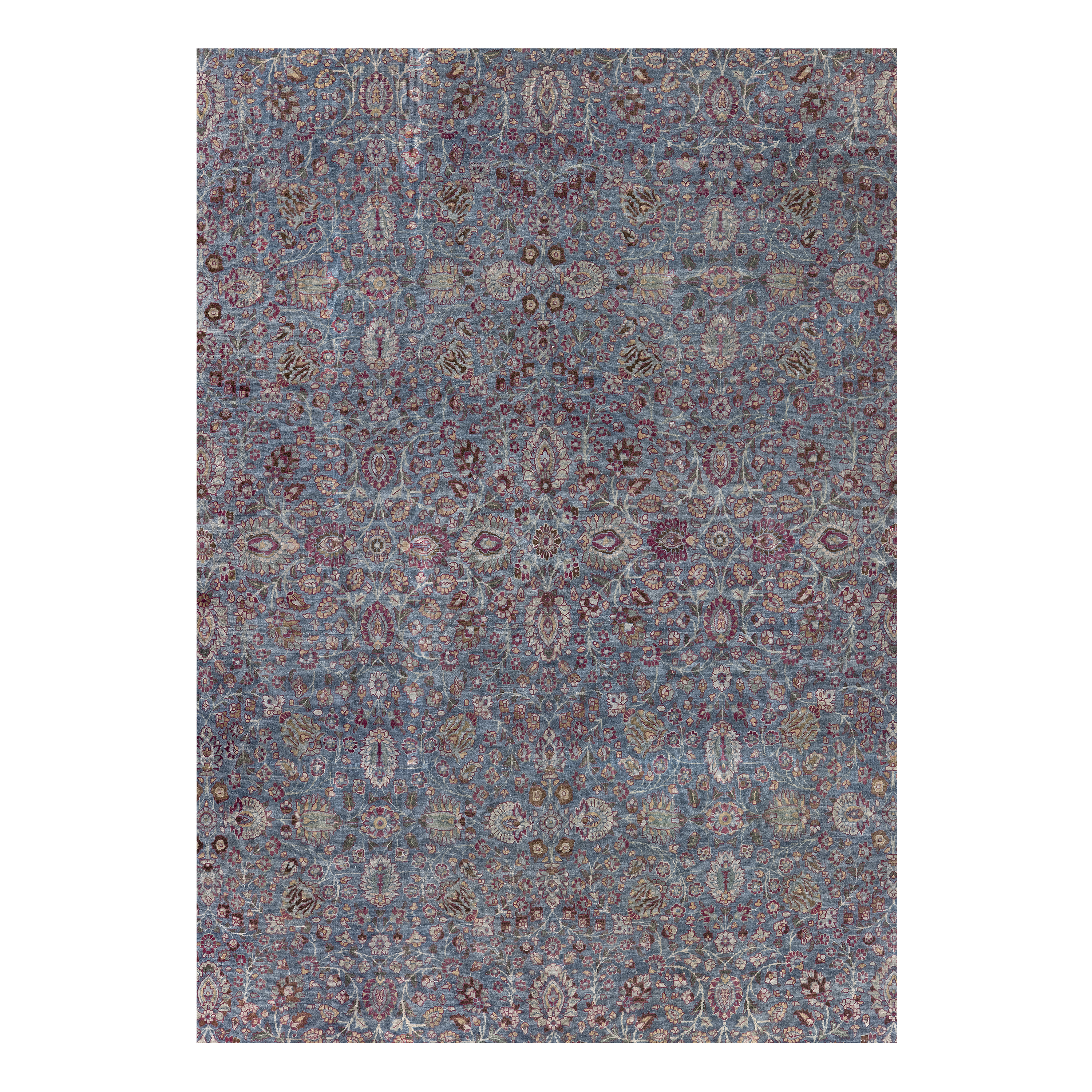 Antique Mashhad Persian rug in purple with intricate floral pattern and detailed border