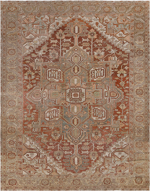 Antique Heriz rug in rust from Iran with bold geometric medallion hand knotted for luxury interiors by Nasiricarpets