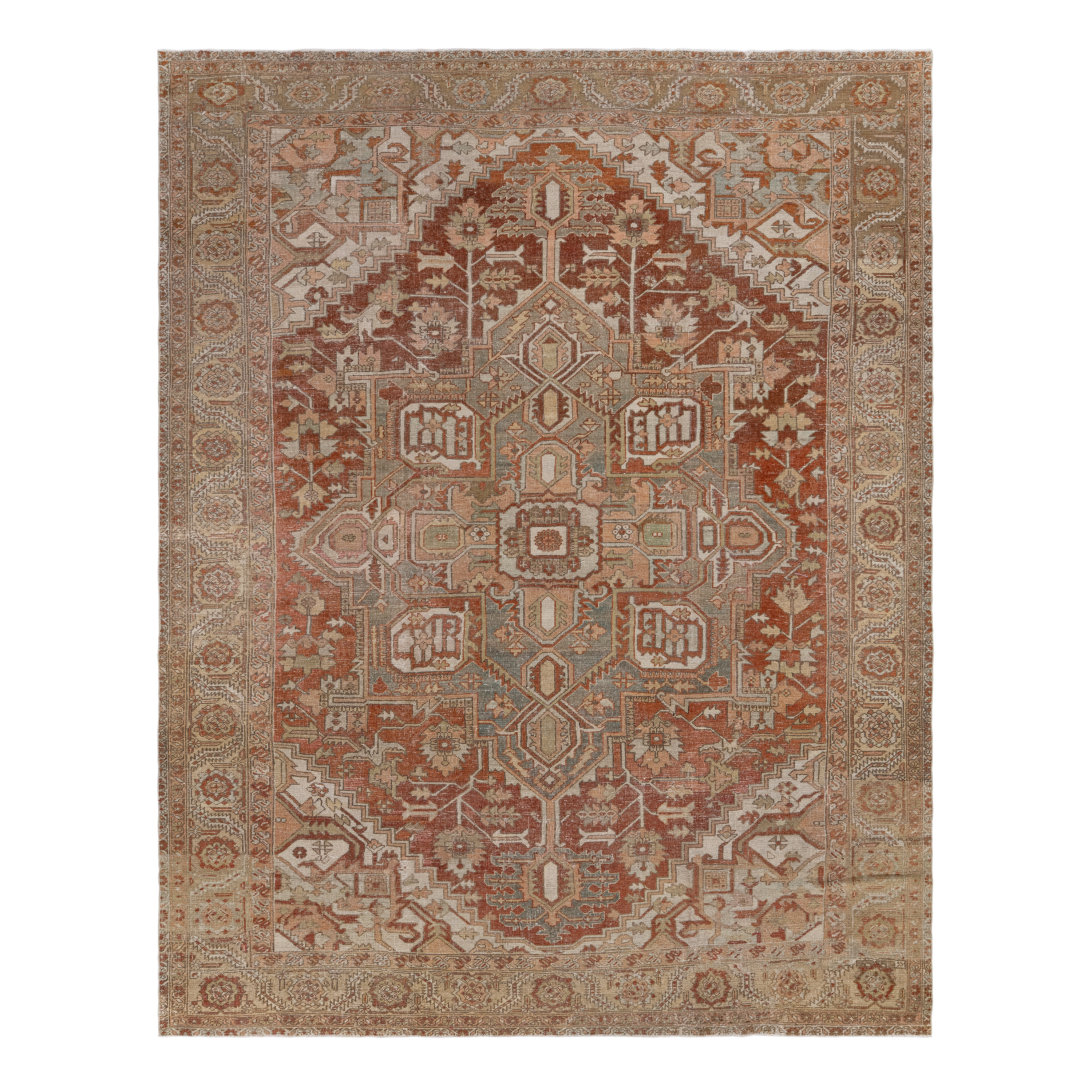 Antique Heriz rug in rust from Iran with bold geometric medallion hand knotted for luxury interiors by Nasiricarpets