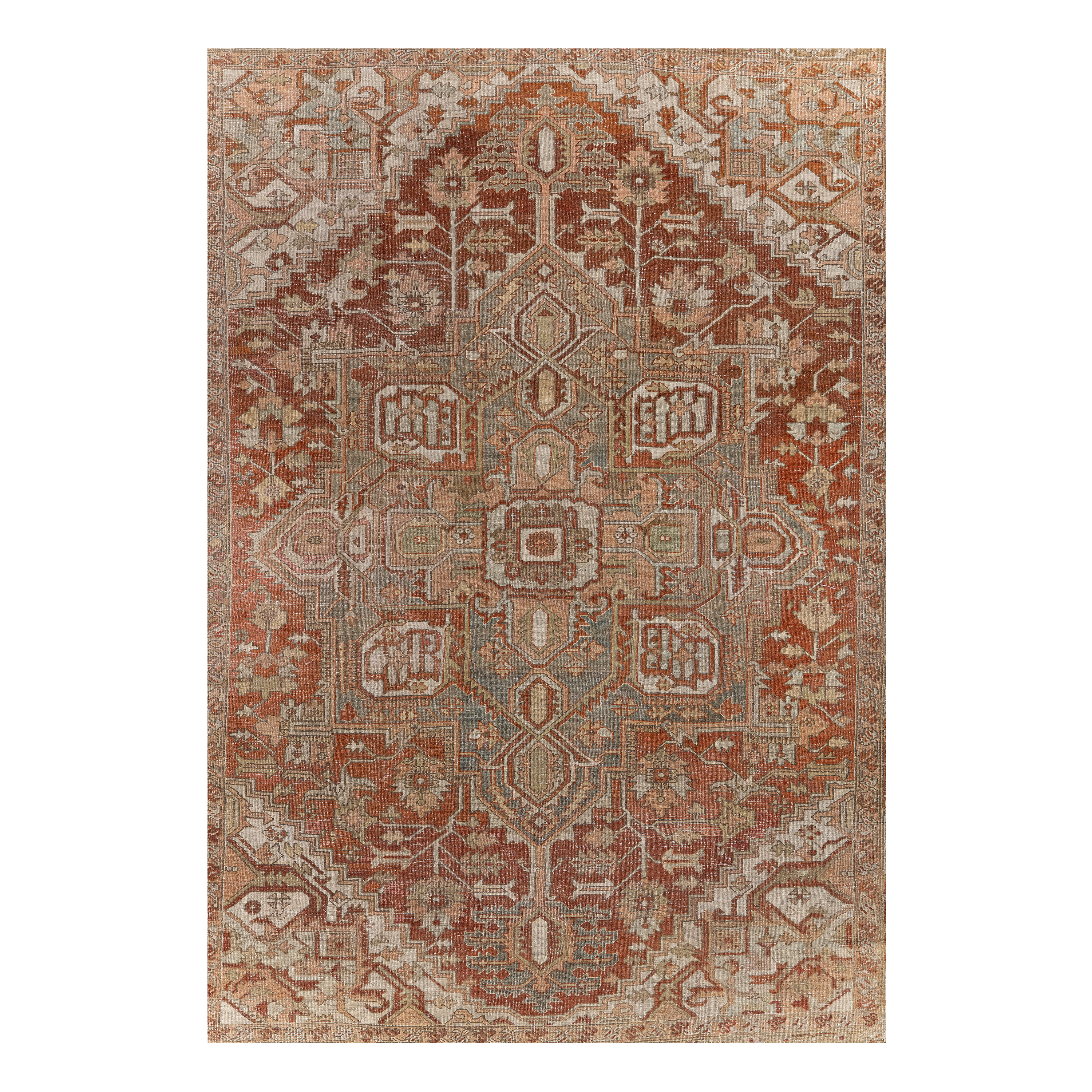 Antique Heriz rug in rust from Iran with bold geometric medallion hand knotted for luxury interiors by Nasiricarpets