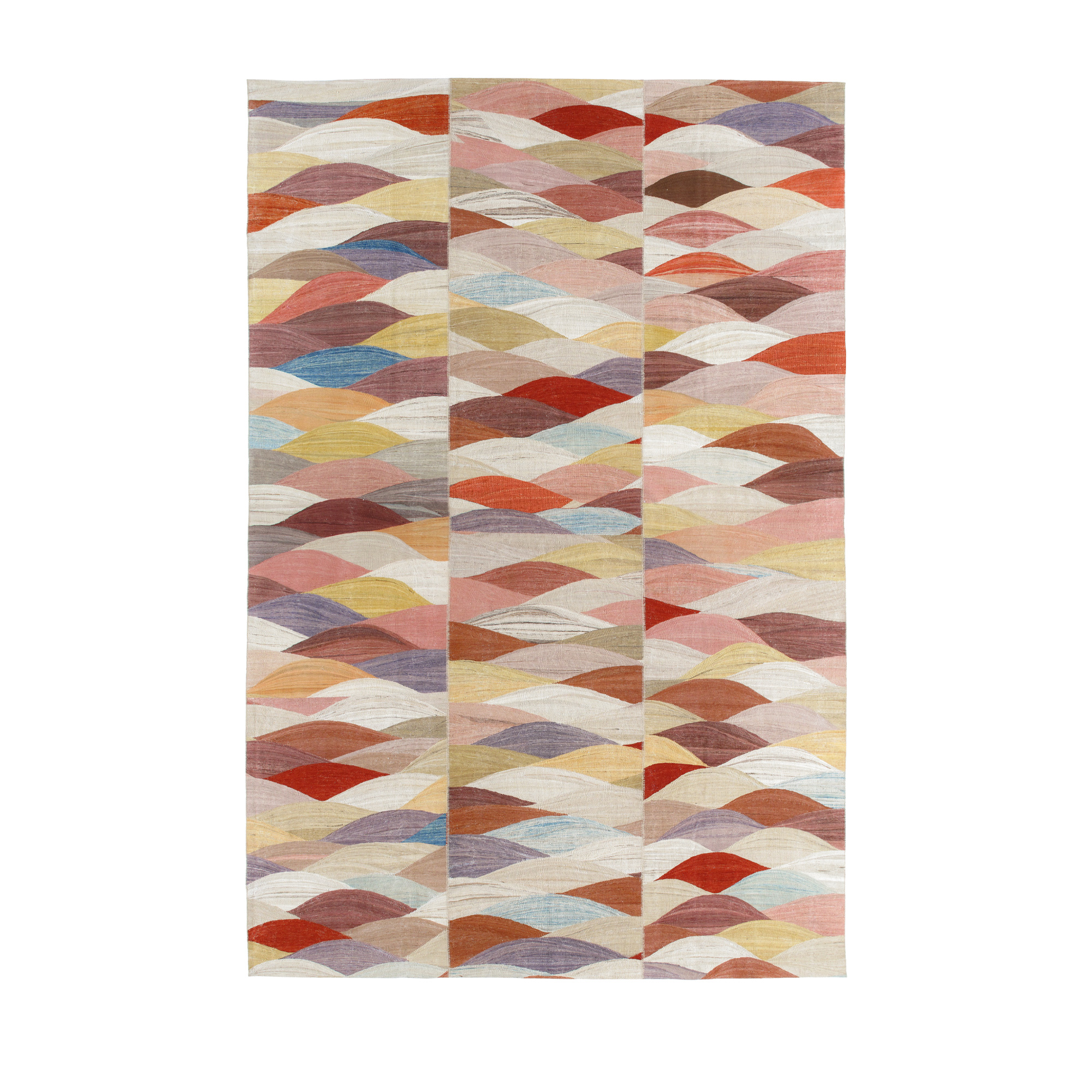 Modern Persian kilim rug with abstract landscape design in soft earth tones, handwoven flatweave by NASIRI