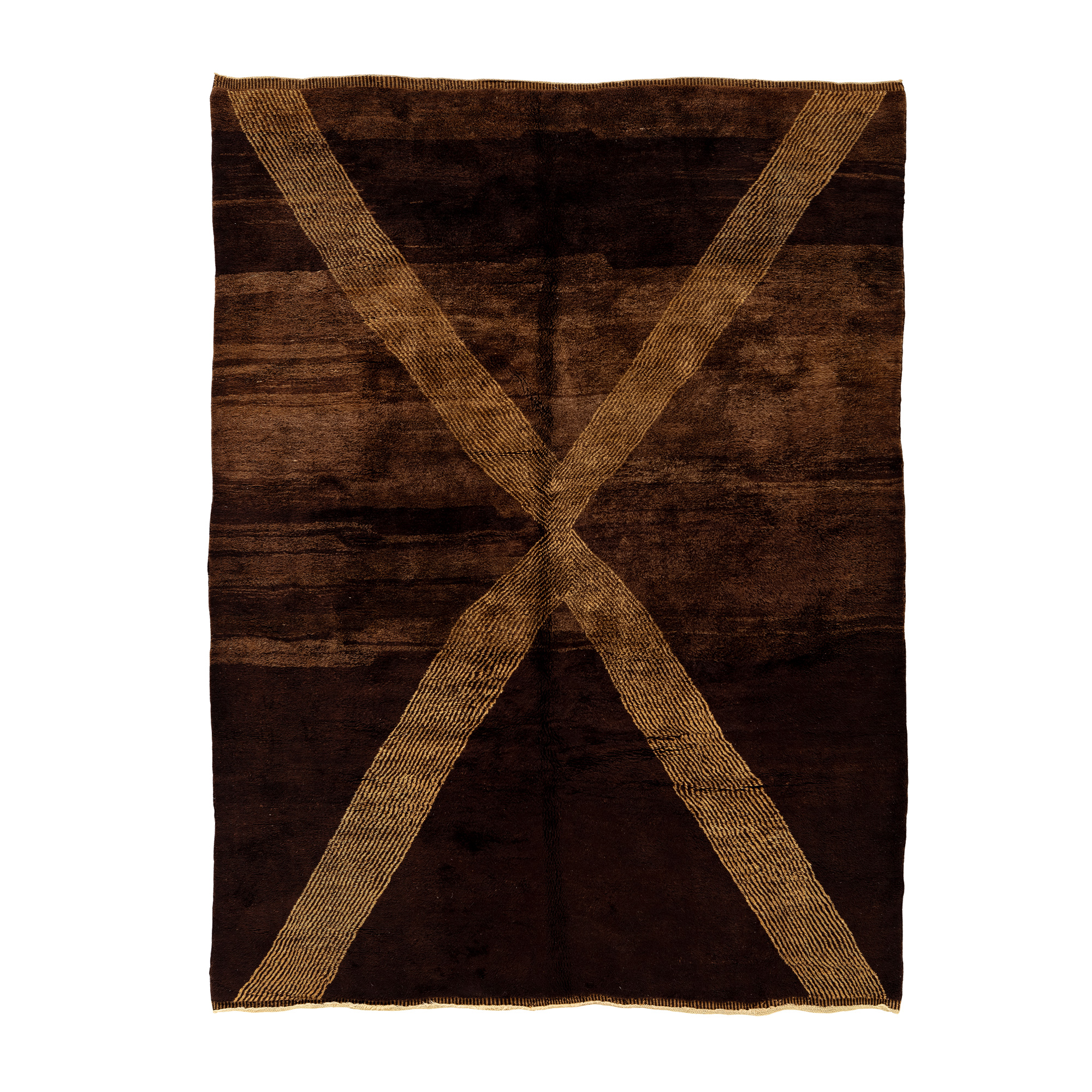 Moroccan wool rug with bold geometric X pattern in deep brown tones, handwoven plush pile carpet