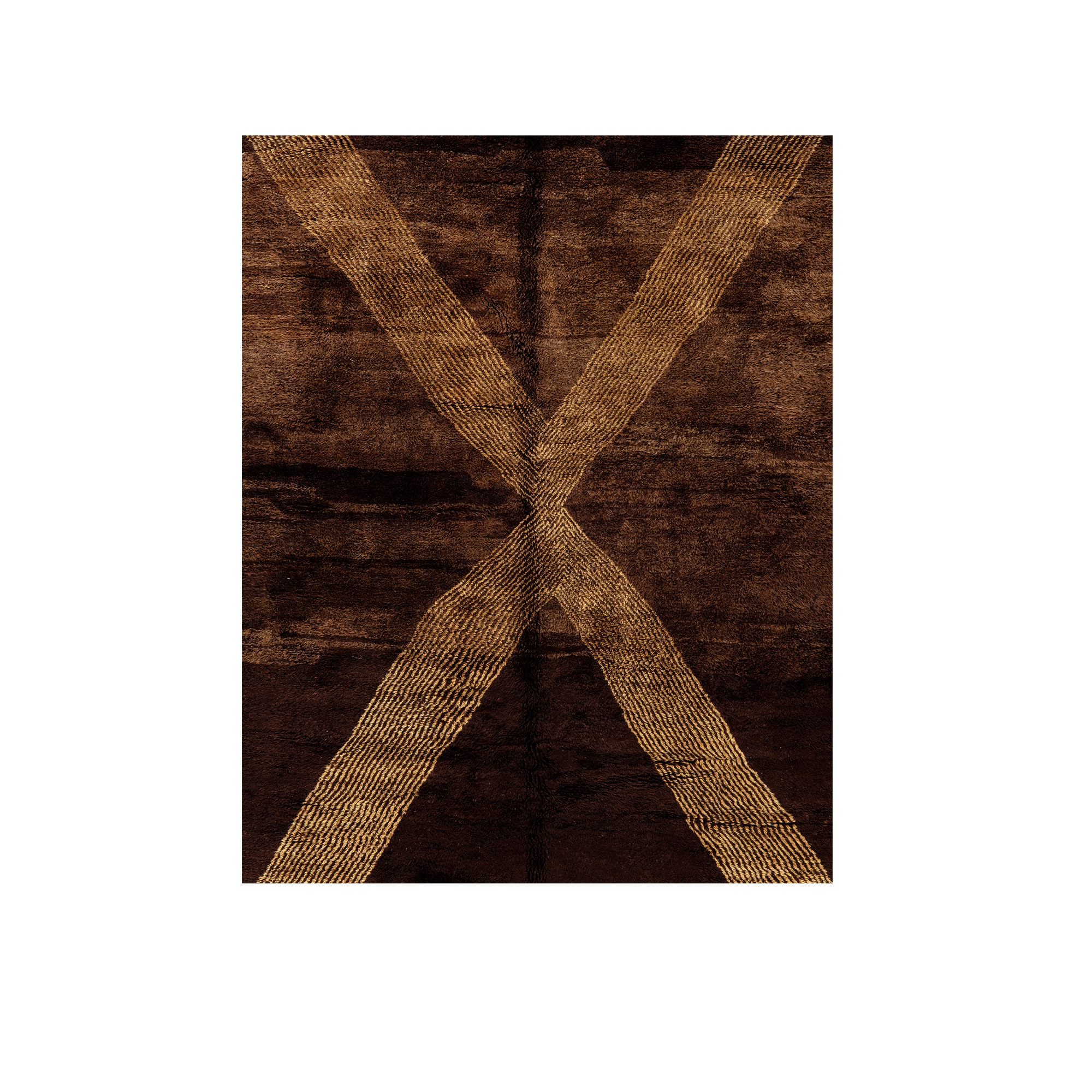 Moroccan wool rug with bold geometric X pattern in deep brown tones, handwoven plush pile carpet