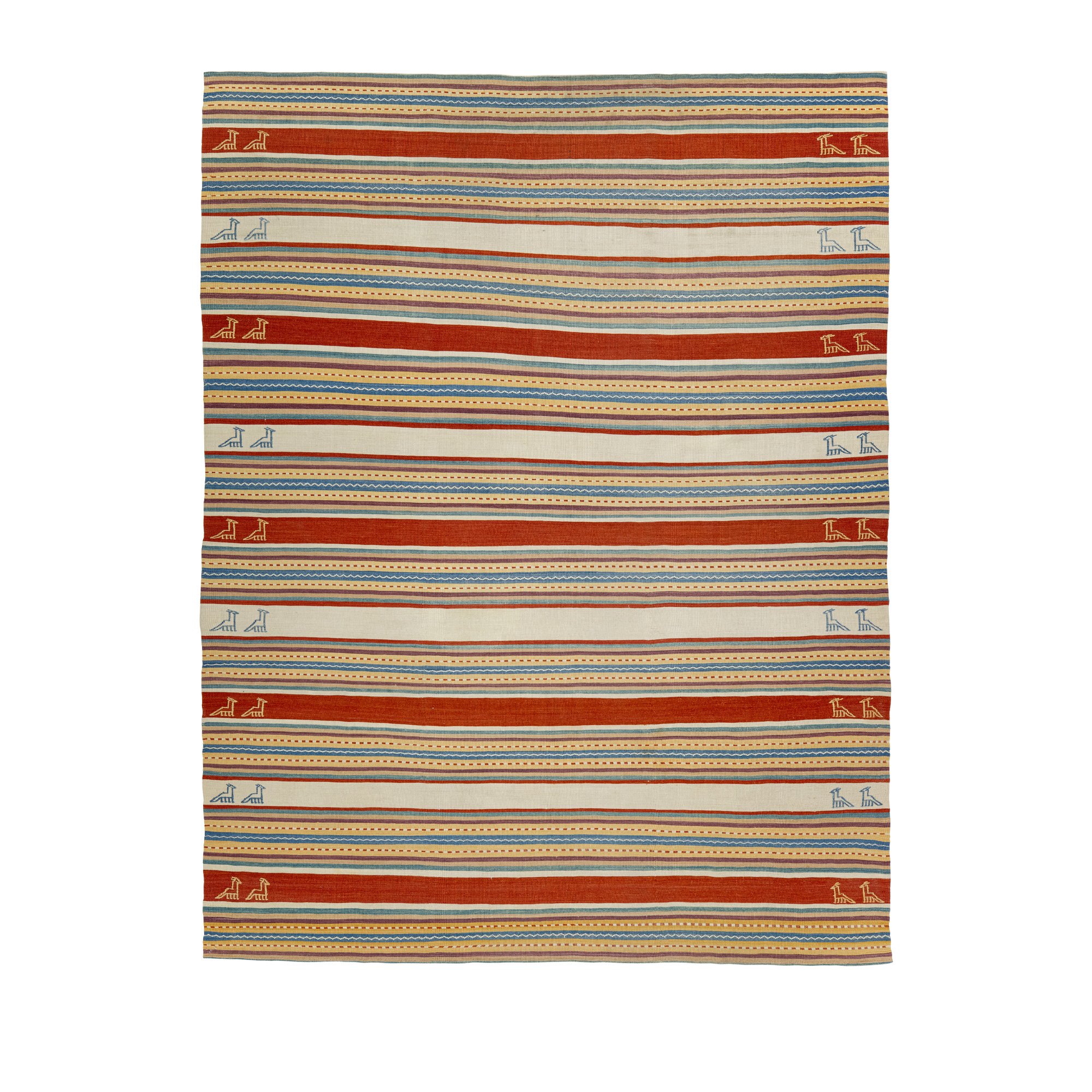 Vintage Shiraz Qashqai kilim rug with striped tribal pattern in rust red and ivory