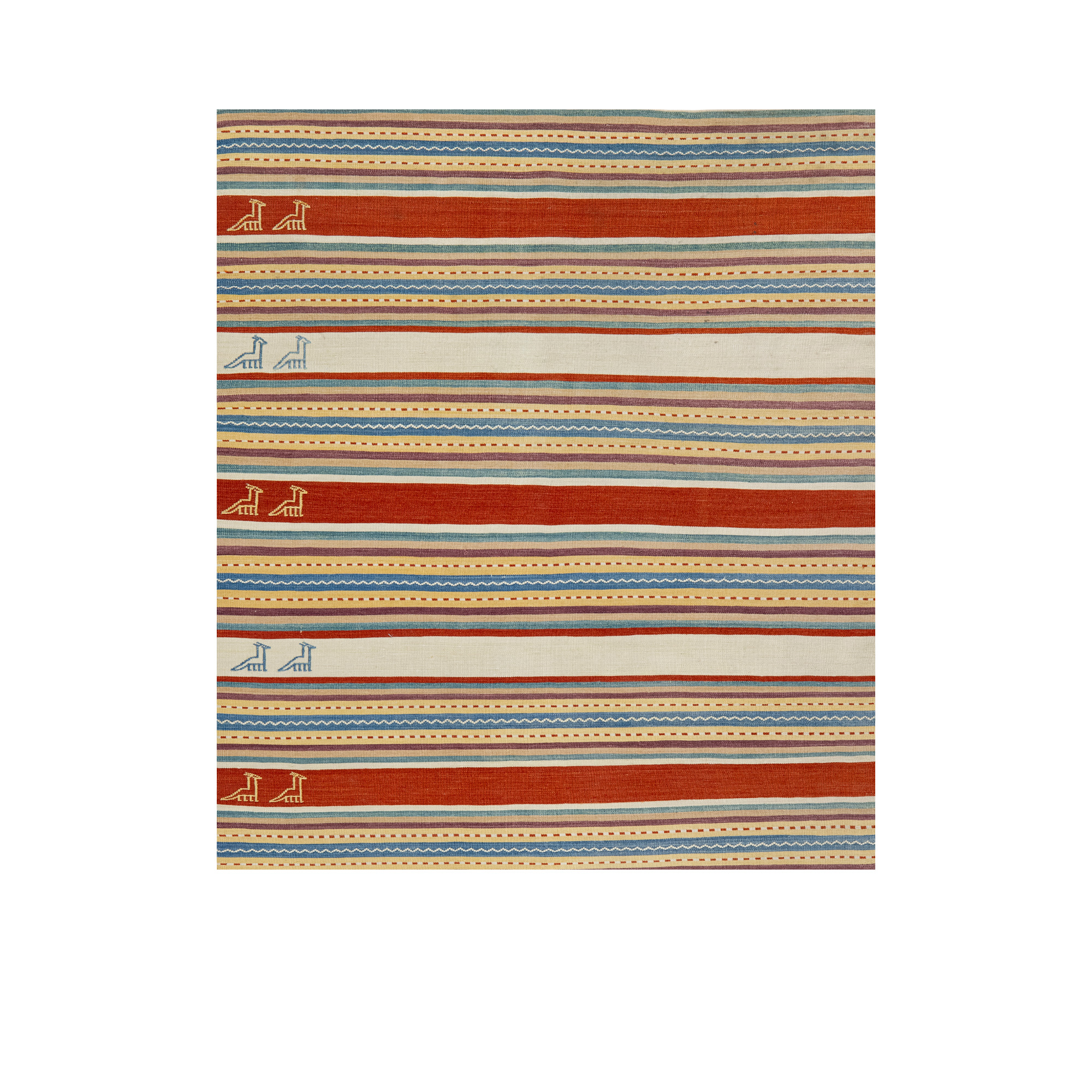 Vintage Shiraz Qashqai kilim rug with striped tribal pattern in rust red and ivory