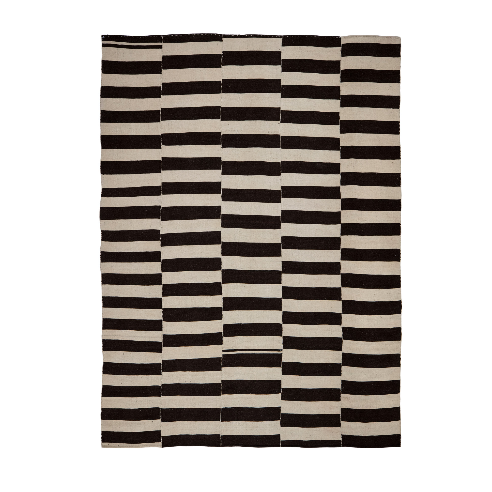 Mazandaran kilim rug with black and ivory striped geometric pattern