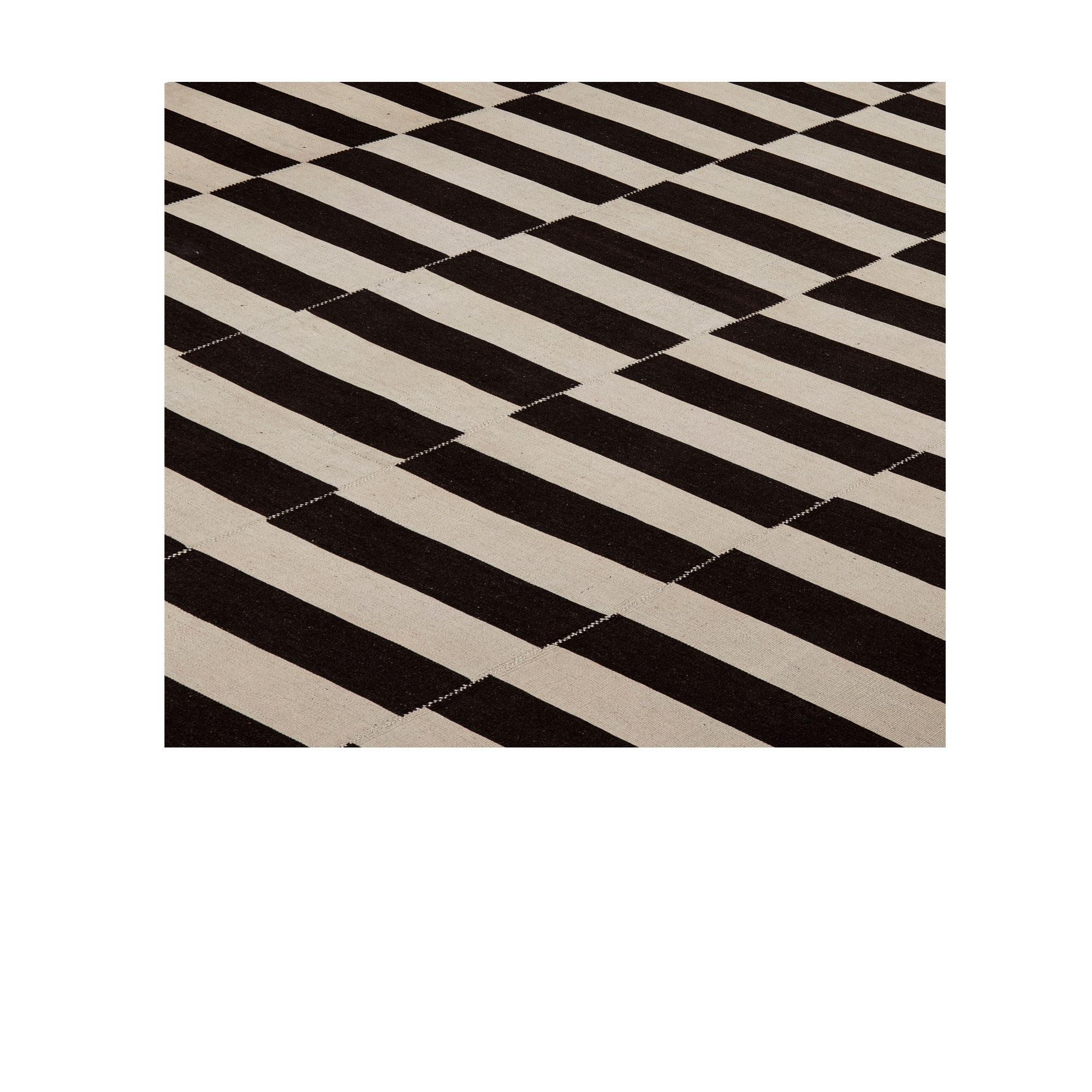 Mazandaran kilim rug with black and ivory striped geometric pattern