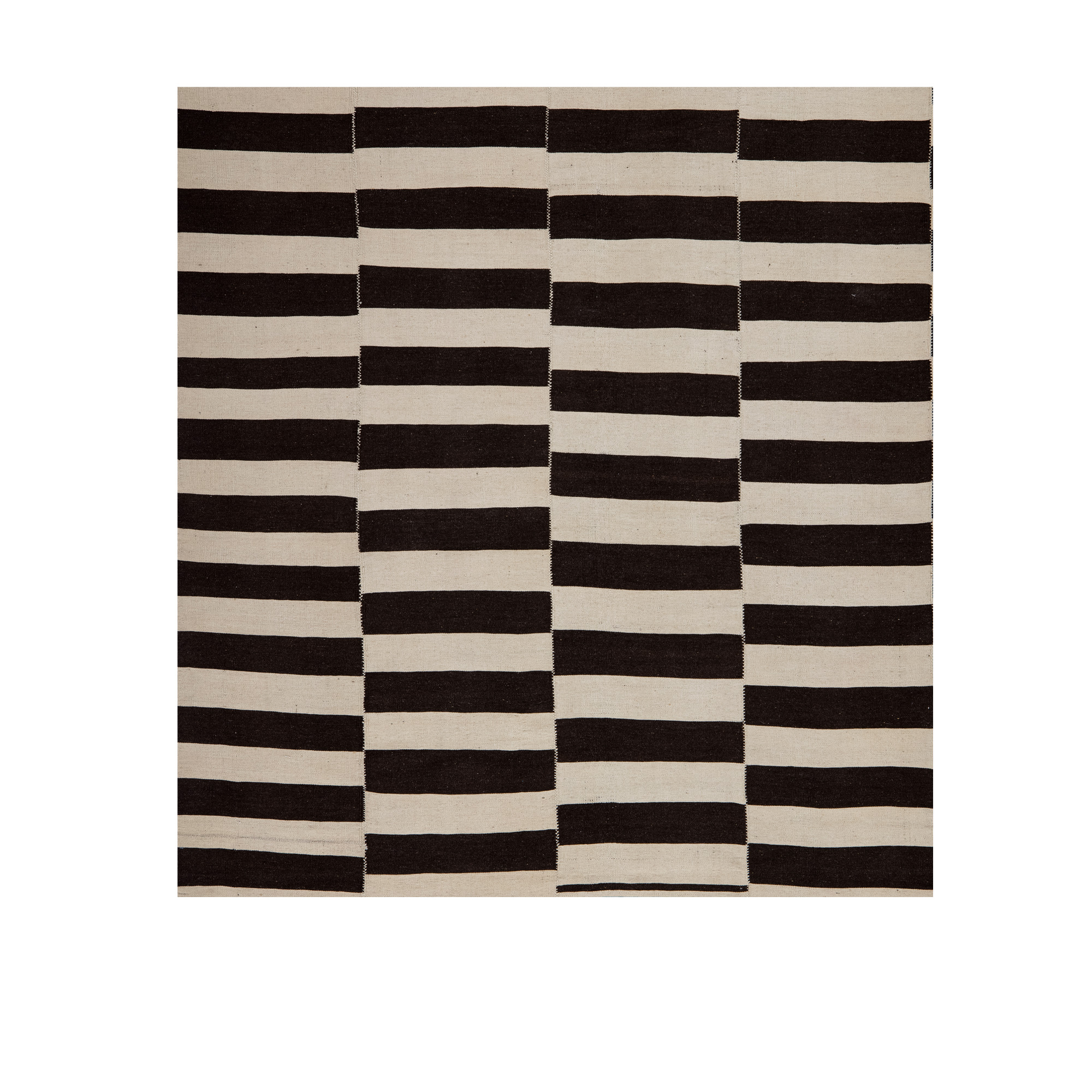Mazandaran kilim rug with black and ivory striped geometric pattern