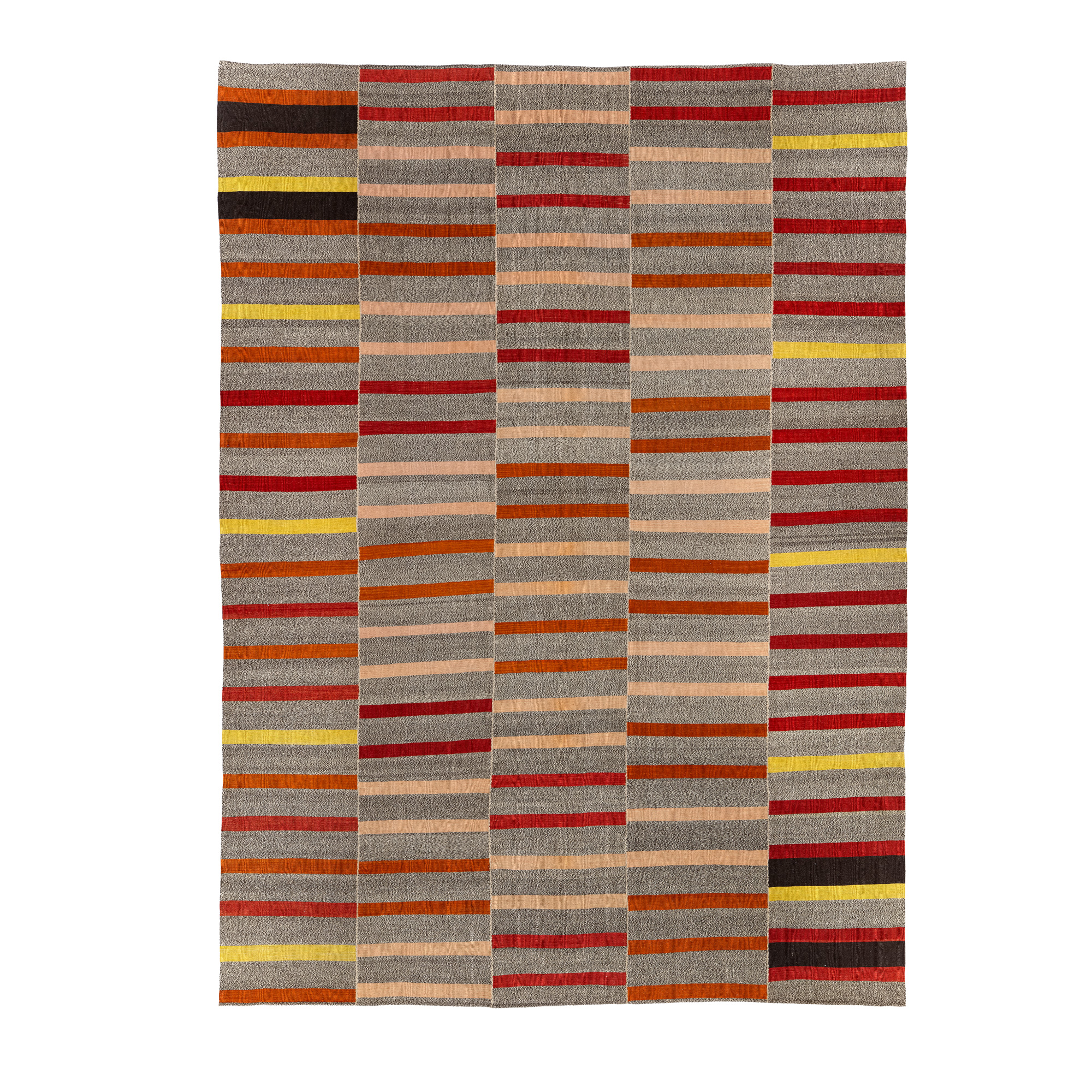 Mazandaran kilim rug with multicolor striped pattern in red, orange, and neutral tones
