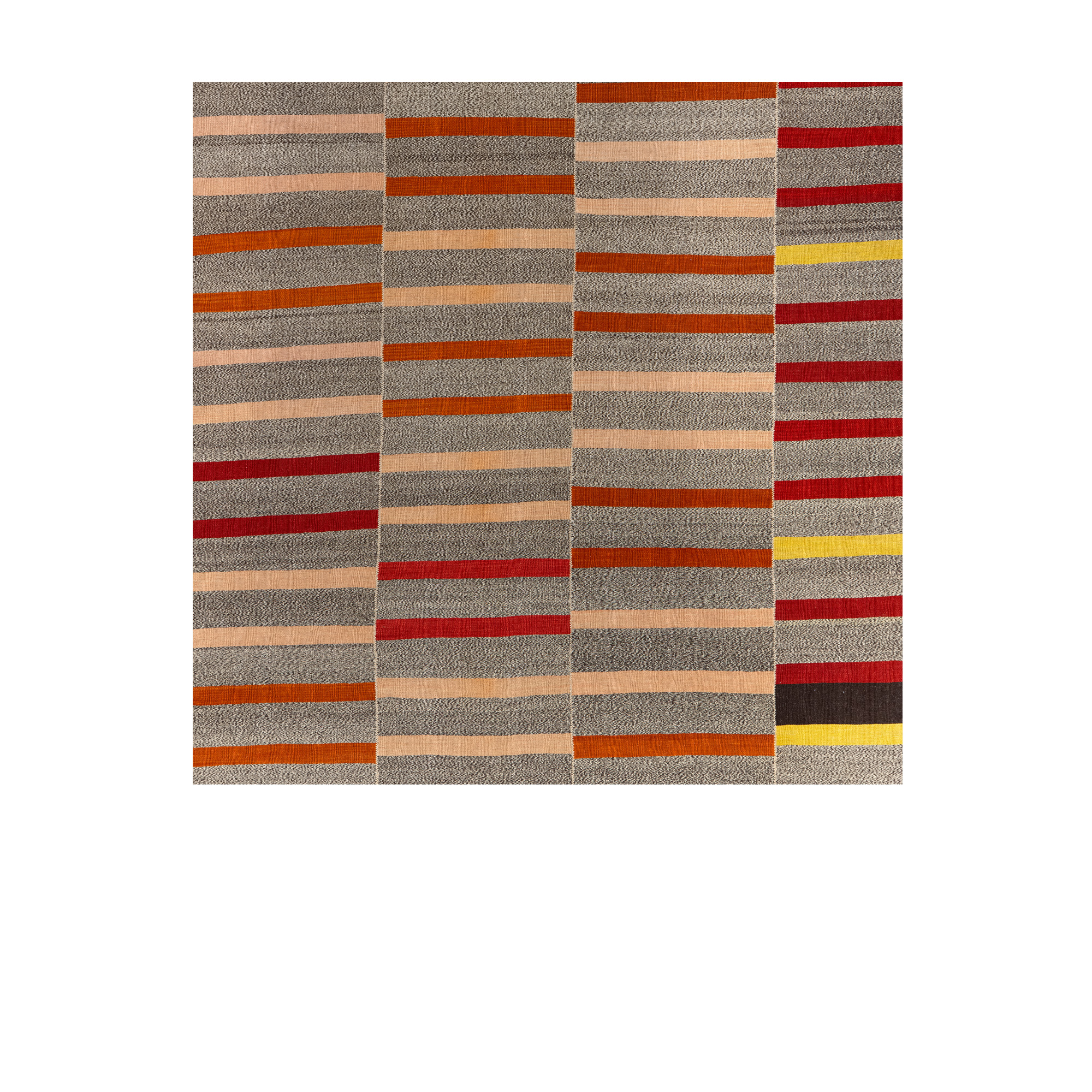Mazandaran kilim rug with multicolor striped pattern in red, orange, and neutral tones