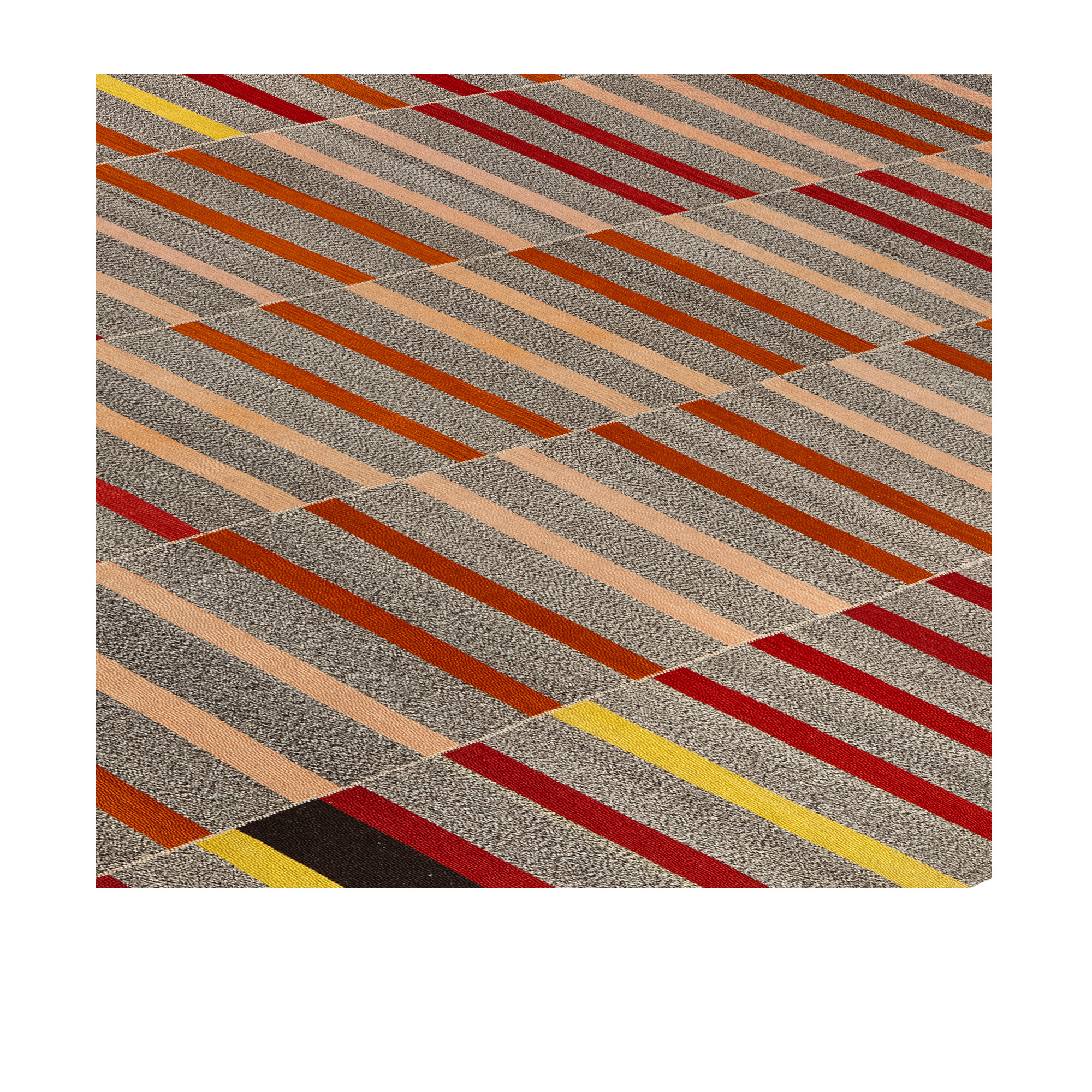 Mazandaran kilim rug with multicolor striped pattern in red, orange, and neutral tones