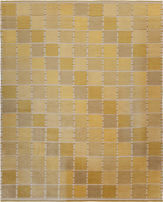 Vintage Scandinavian handwoven wool rug with geometric patchwork design in wheat, honey gold, oatmeal, and ivory tones.