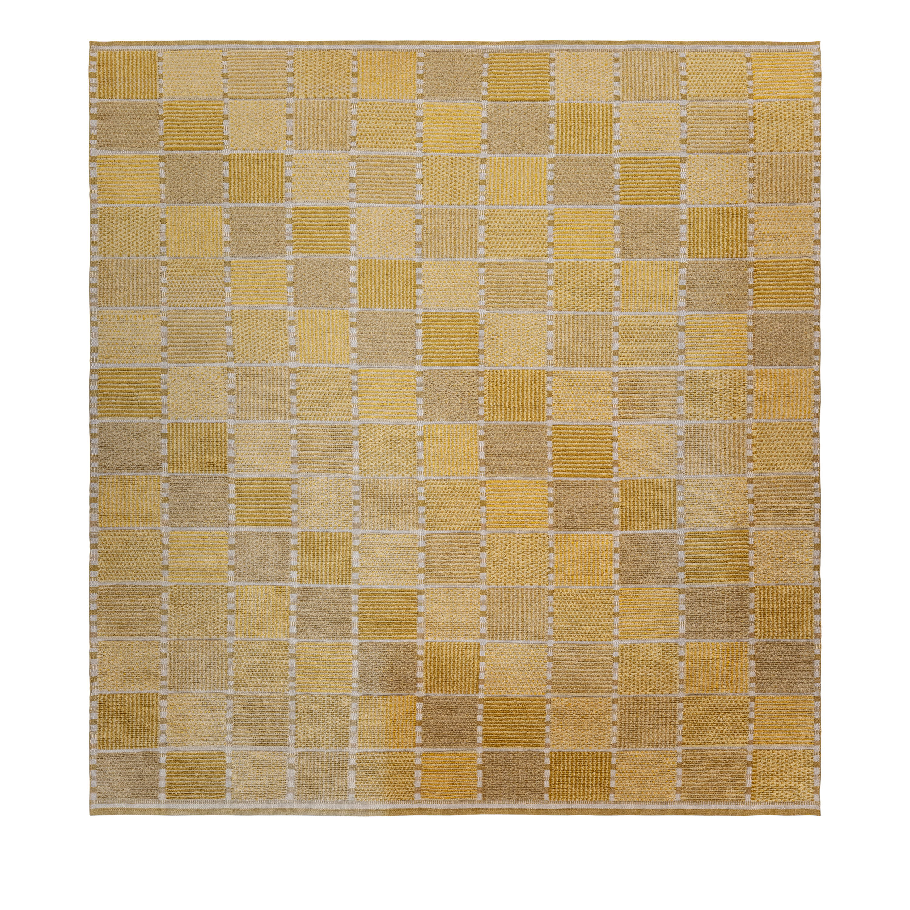 Vintage Scandinavian handwoven wool rug with geometric patchwork design in wheat, honey gold, oatmeal, and ivory tones.