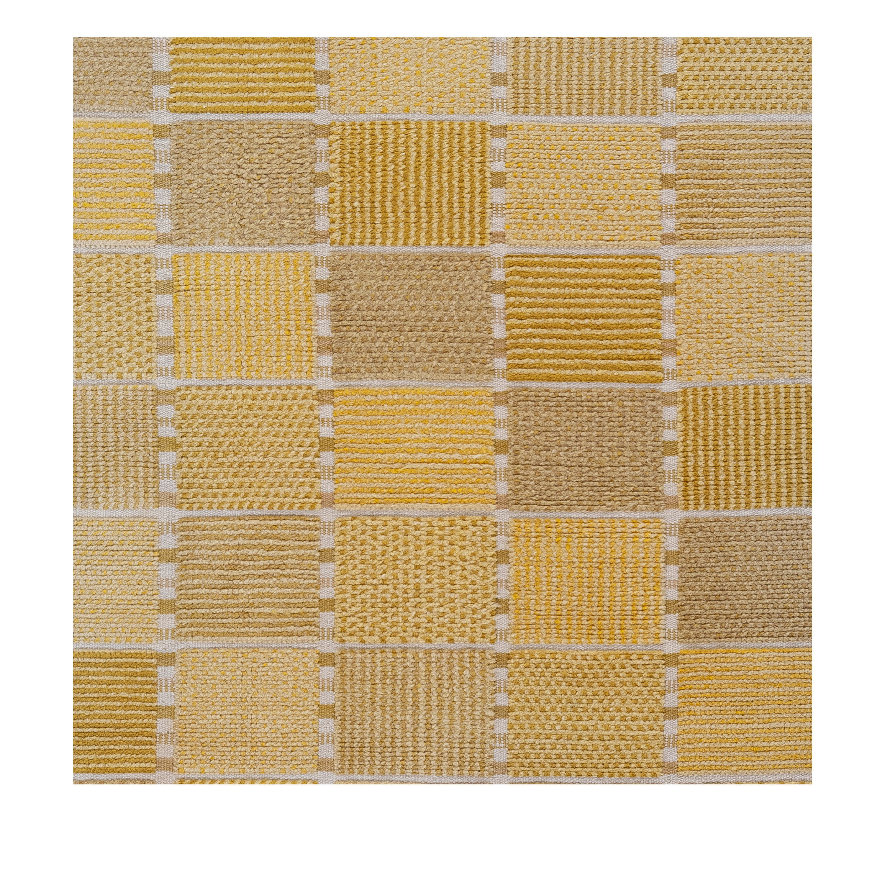 Vintage Scandinavian handwoven wool rug with geometric patchwork design in wheat, honey gold, oatmeal, and ivory tones.