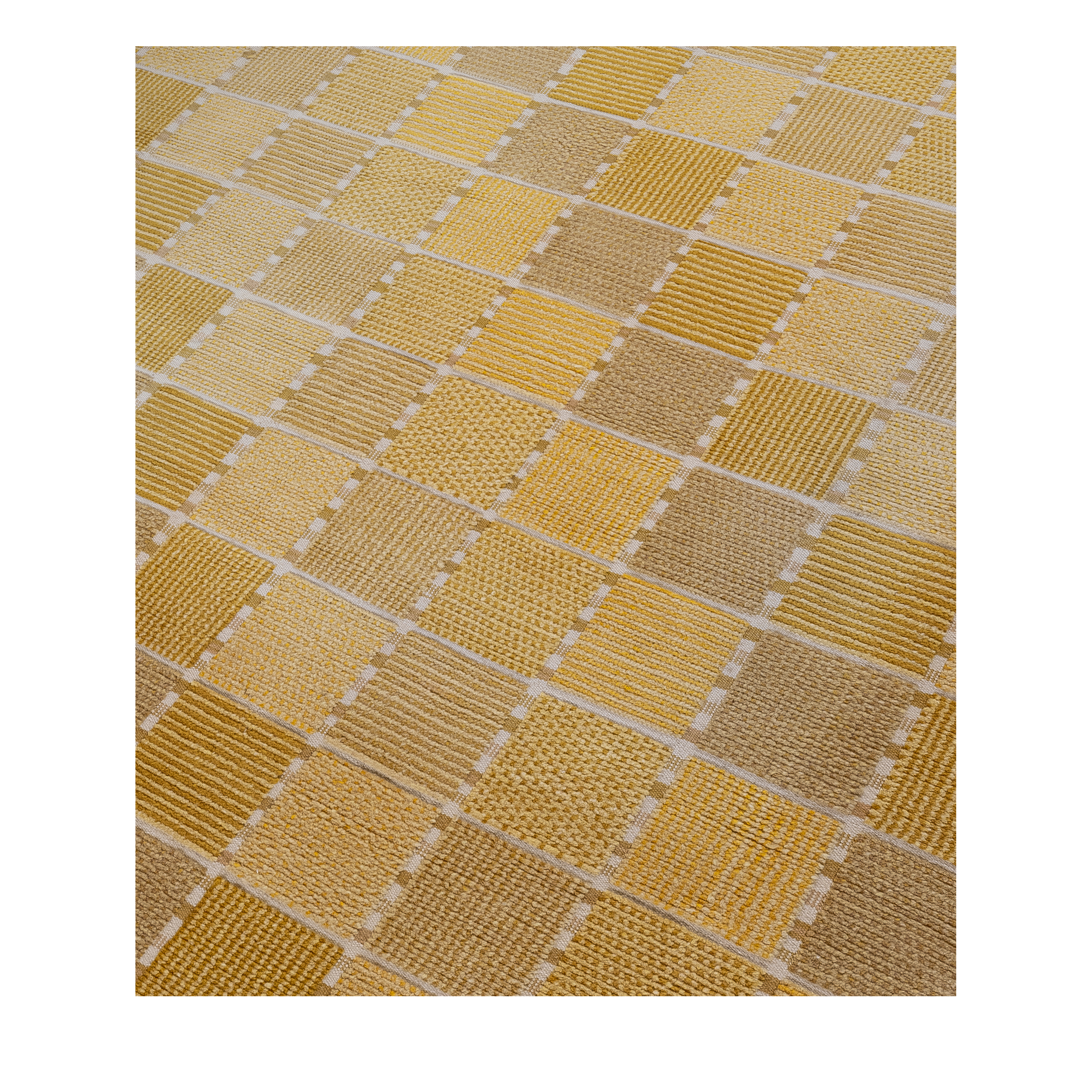 Vintage Scandinavian handwoven wool rug with geometric patchwork design in wheat, honey gold, oatmeal, and ivory tones.