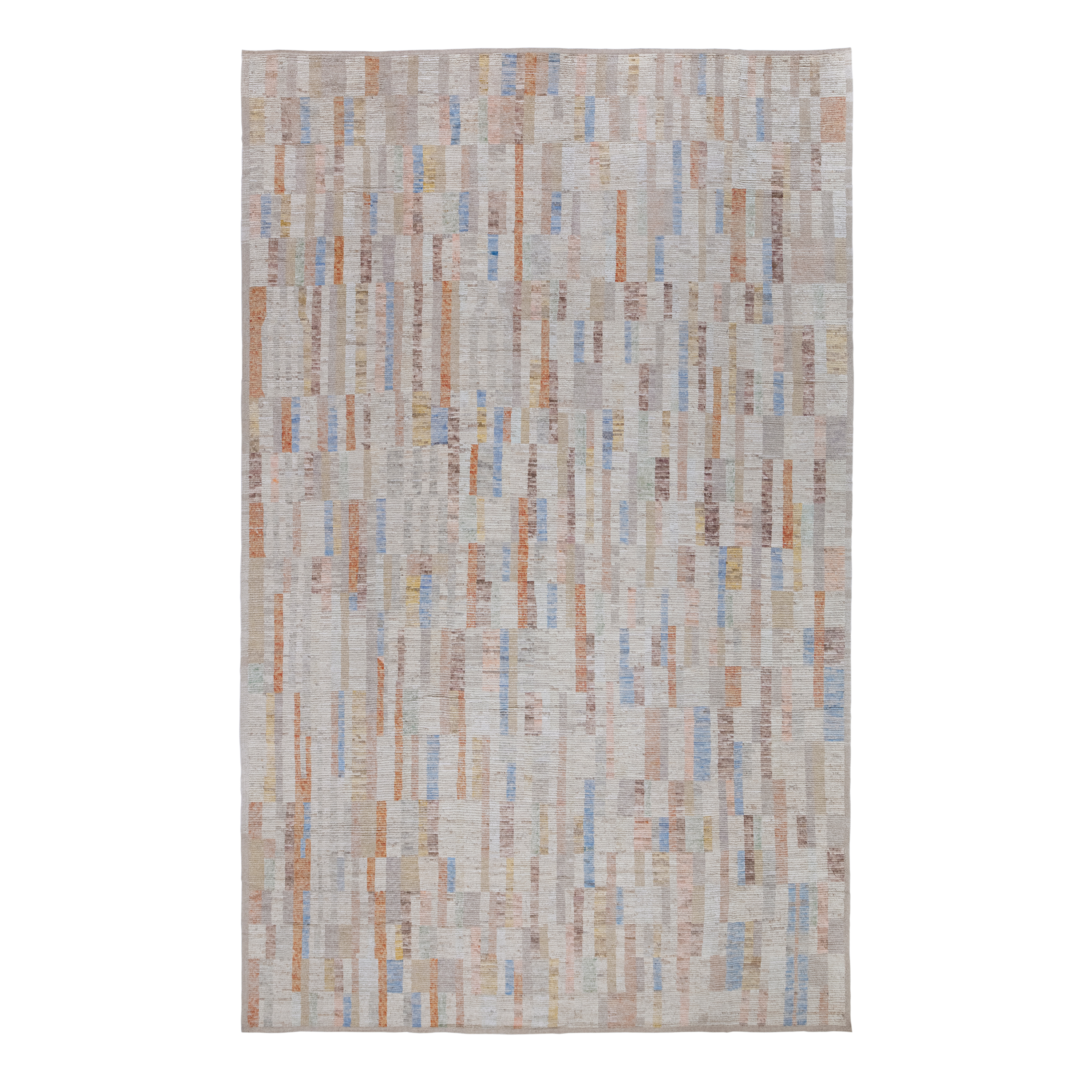 Lumen custom modern rug handmade in Afghanistan featuring abstract linear patterns in ivory blue terracotta and neutral tones by Nasiricarpets