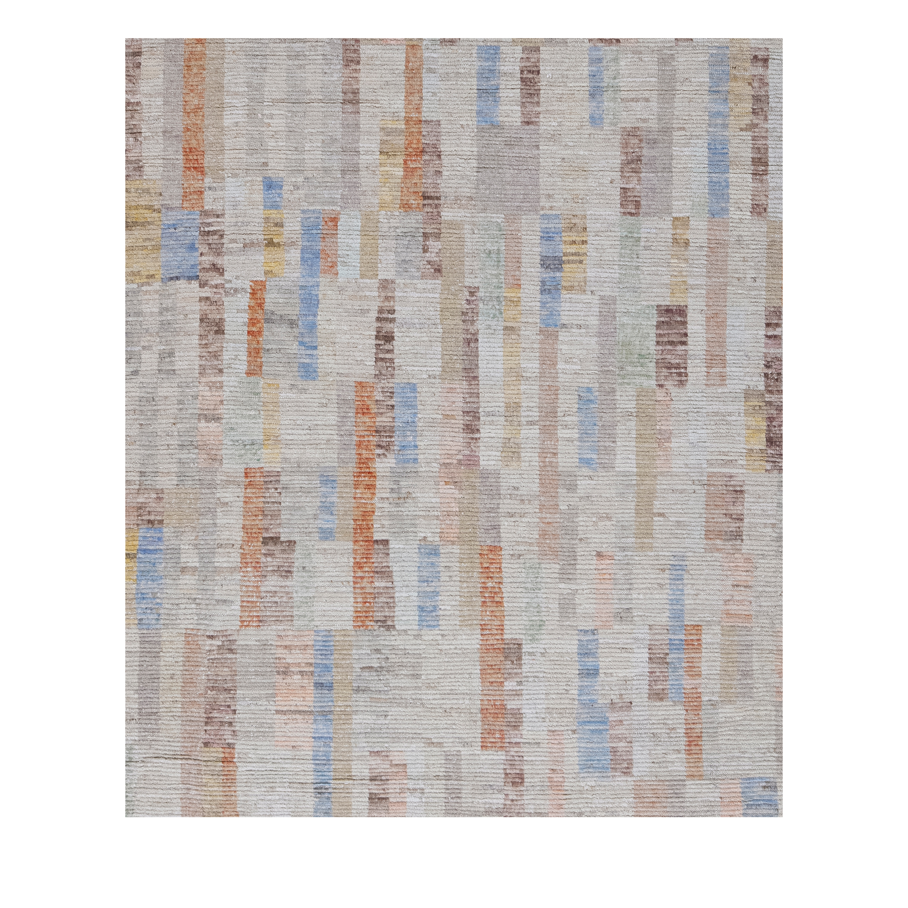 Lumen custom modern rug handmade in Afghanistan featuring abstract linear patterns in ivory blue terracotta and neutral tones by Nasiricarpets