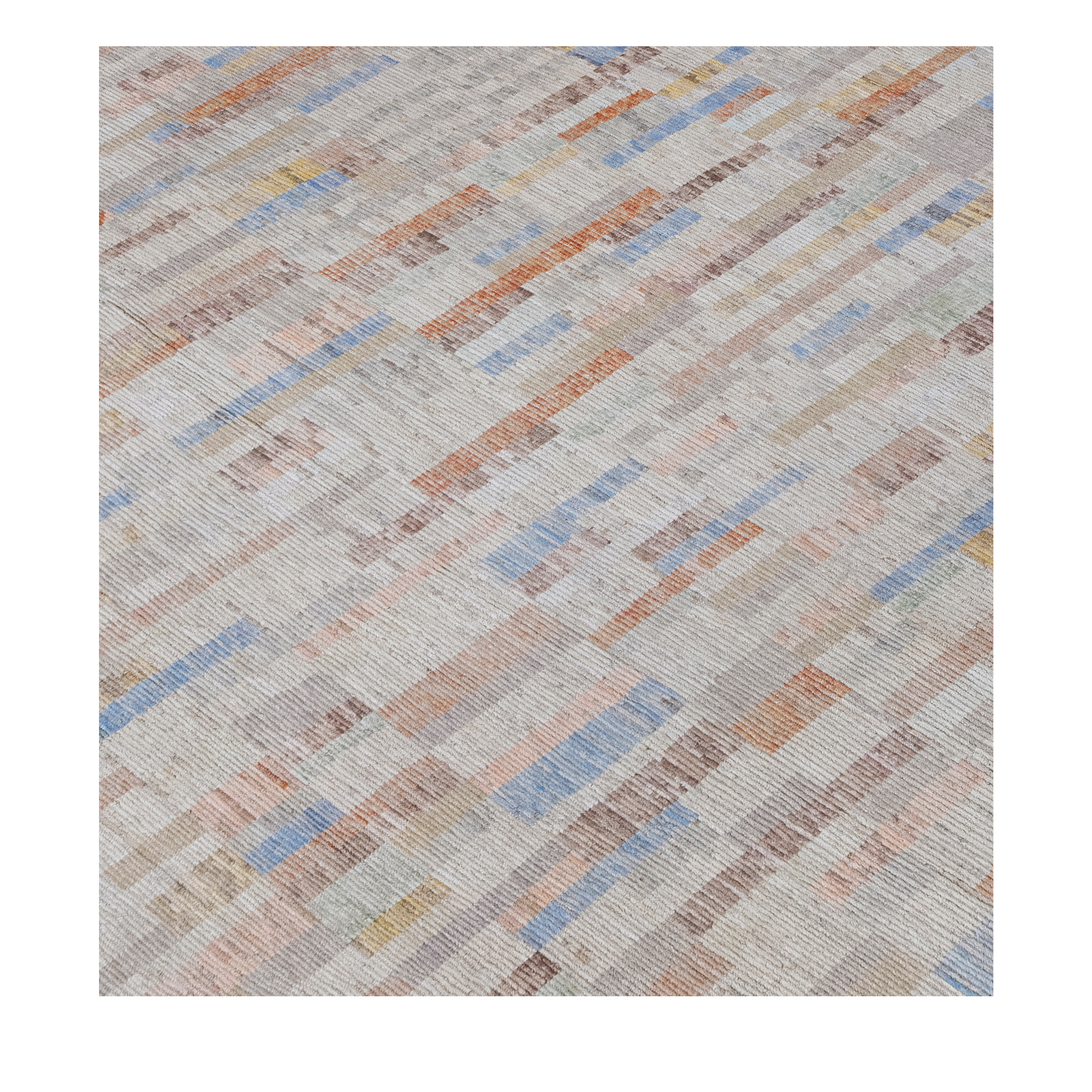 Lumen custom modern rug handmade in Afghanistan featuring abstract linear patterns in ivory blue terracotta and neutral tones by Nasiricarpets
