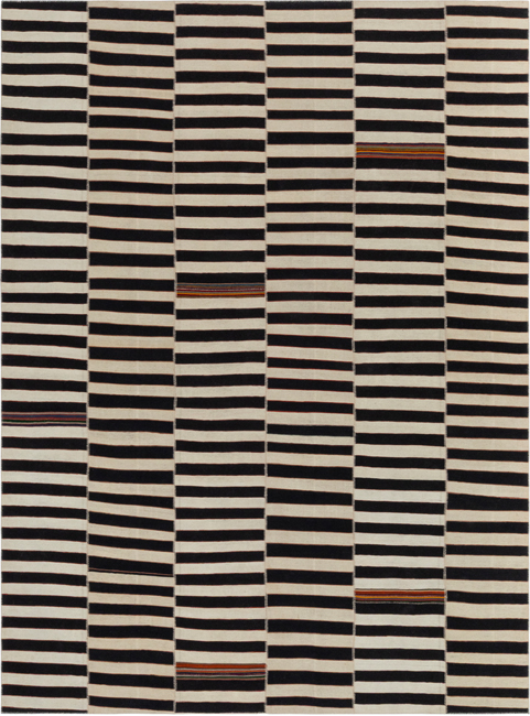 Mazandaran Noir custom hand woven flatweave in black and ivory stripes with subtle terracotta and indigo accents by Nasiricarpets