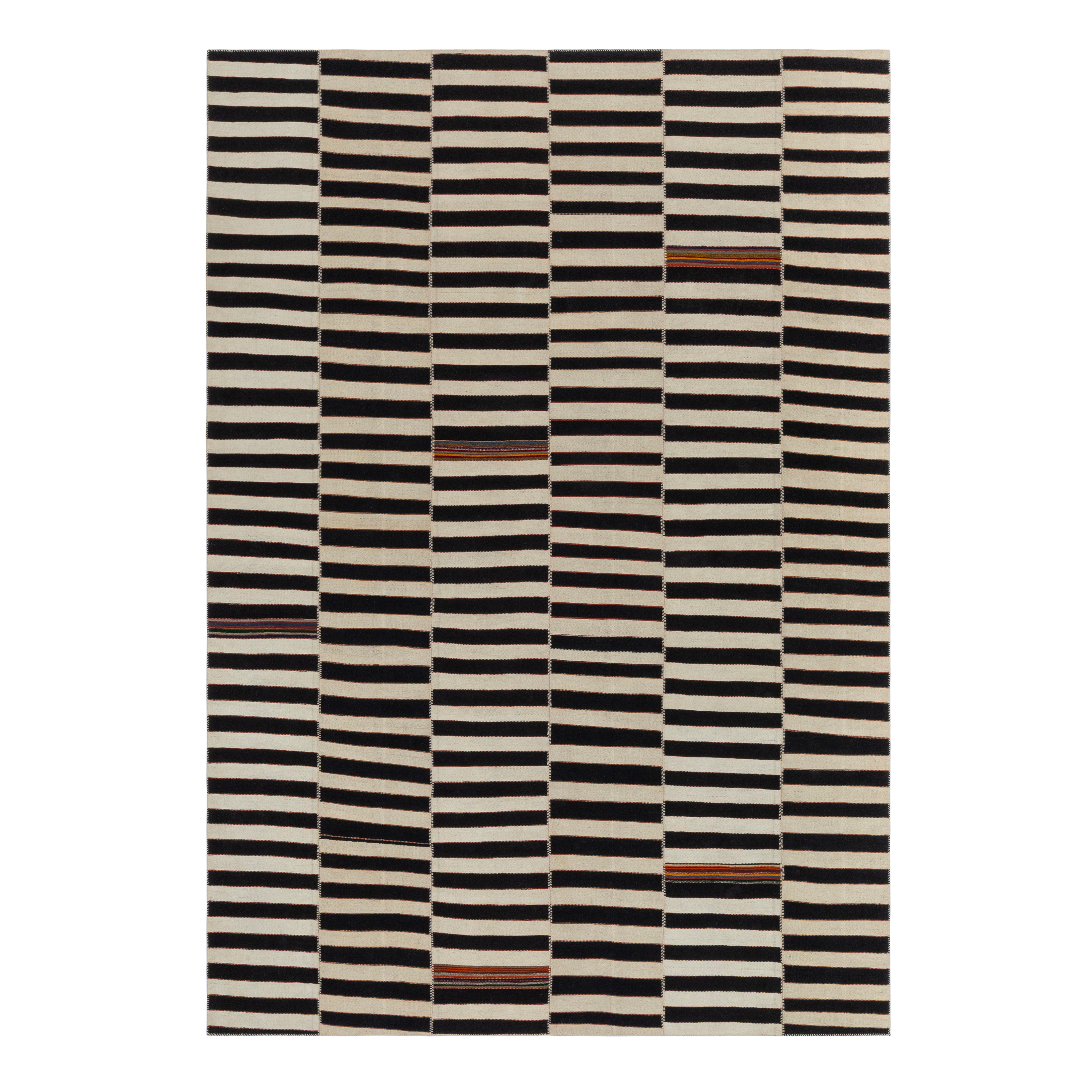Mazandaran Noir custom hand woven flatweave in black and ivory stripes with subtle terracotta and indigo accents by Nasiricarpets