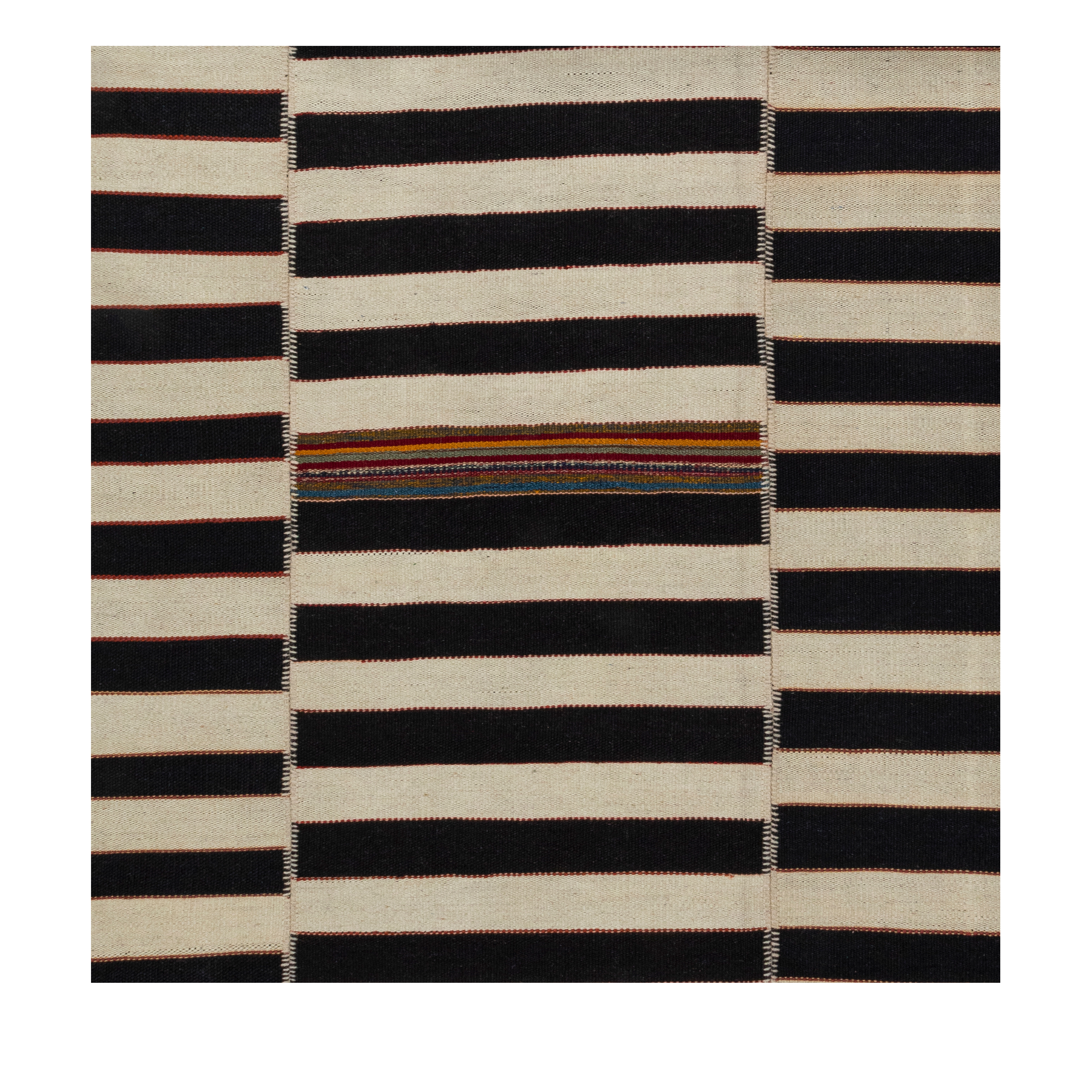 Mazandaran Noir custom hand woven flatweave in black and ivory stripes with subtle terracotta and indigo accents by Nasiricarpets