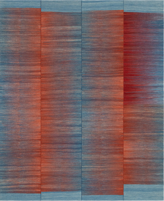 Mazandaran Ember custom hand woven flatweave with terracotta copper ember red and slate blue tones by Nasiricarpets