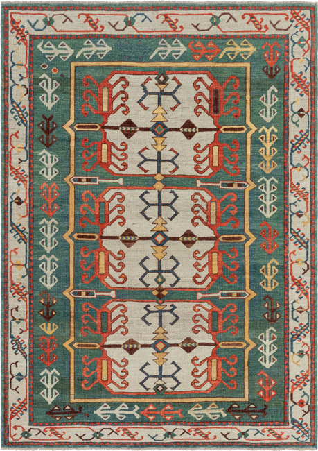 Heritage Kazak custom hand knotted traditional carpet with teal ivory coral red and sapphire blue tribal motifs by Nasiricarpets