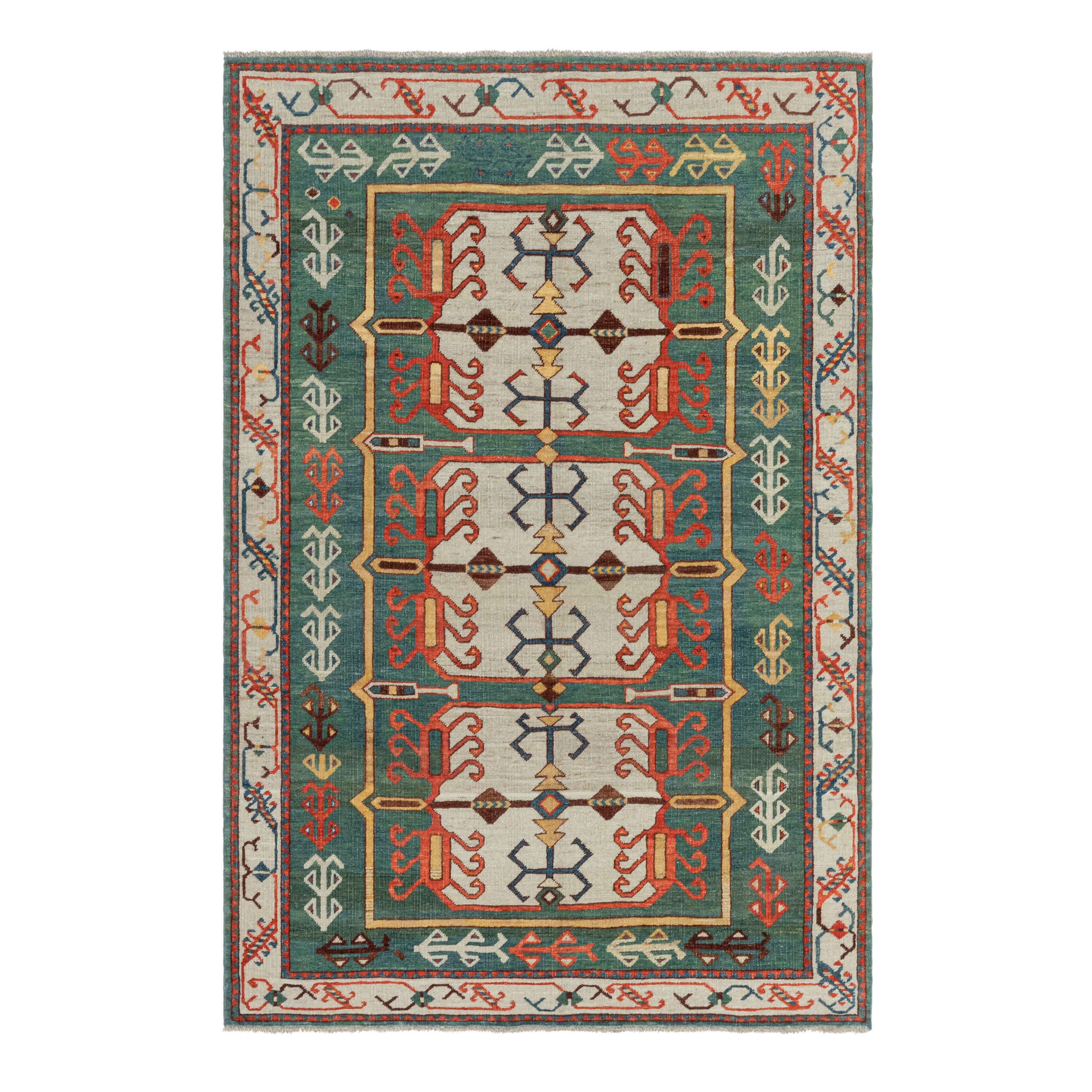 Heritage Kazak custom hand knotted traditional carpet with teal ivory coral red and sapphire blue tribal motifs by Nasiricarpets
