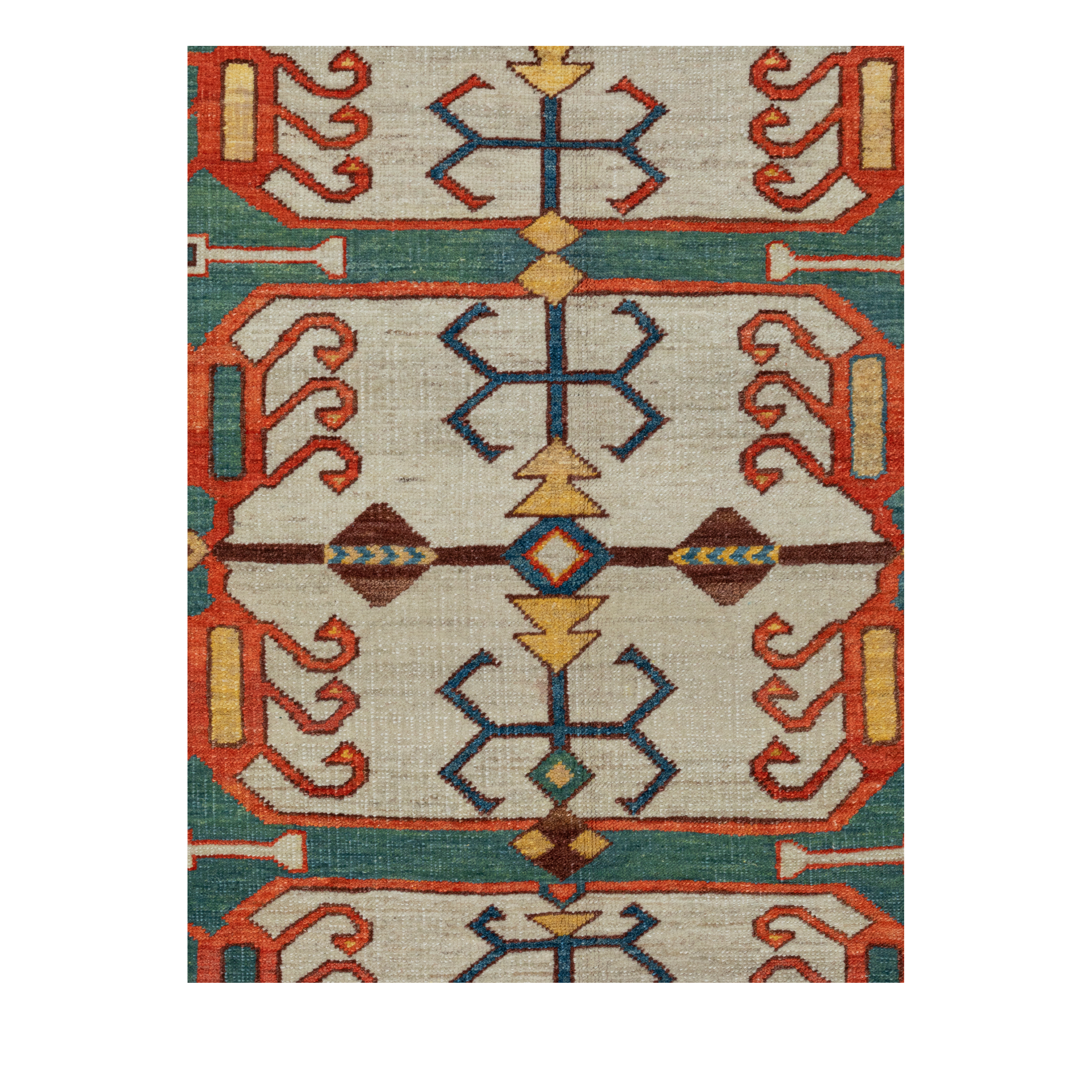 Heritage Kazak custom hand knotted traditional carpet with teal ivory coral red and sapphire blue tribal motifs by Nasiricarpets