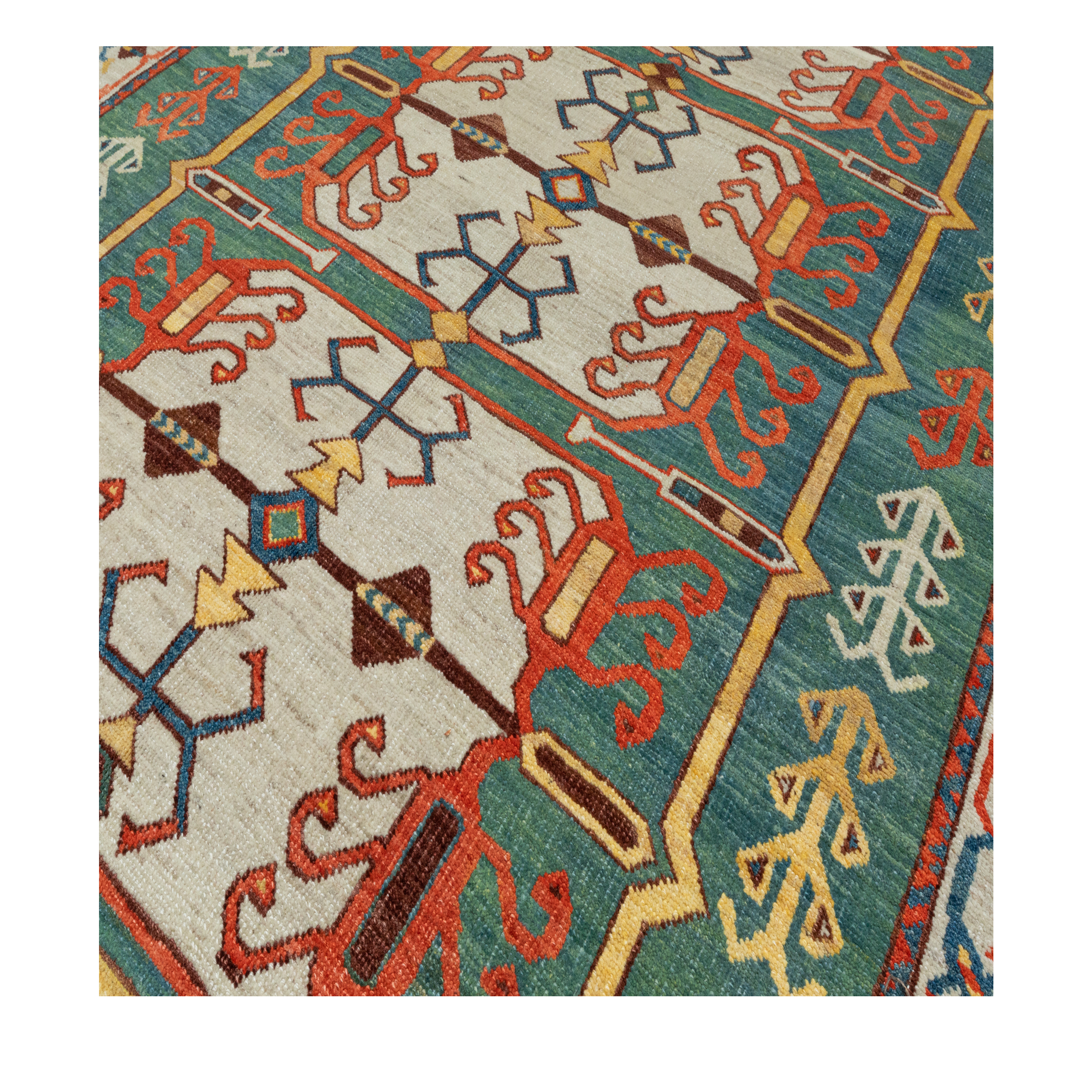 Heritage Kazak custom hand knotted traditional carpet with teal ivory coral red and sapphire blue tribal motifs by Nasiricarpets