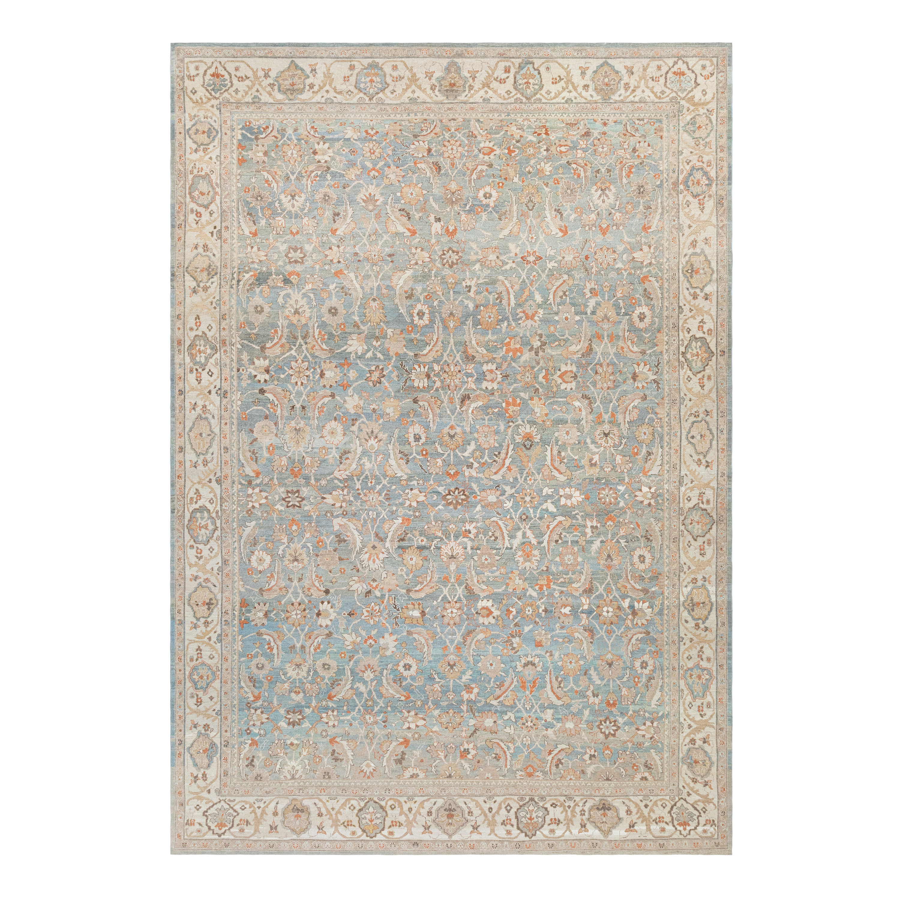 Sultanabad custom hand knotted traditional carpet featuring an elegant floral design in sky blue ivory champagne and soft terracotta tones by Nasiricarpets