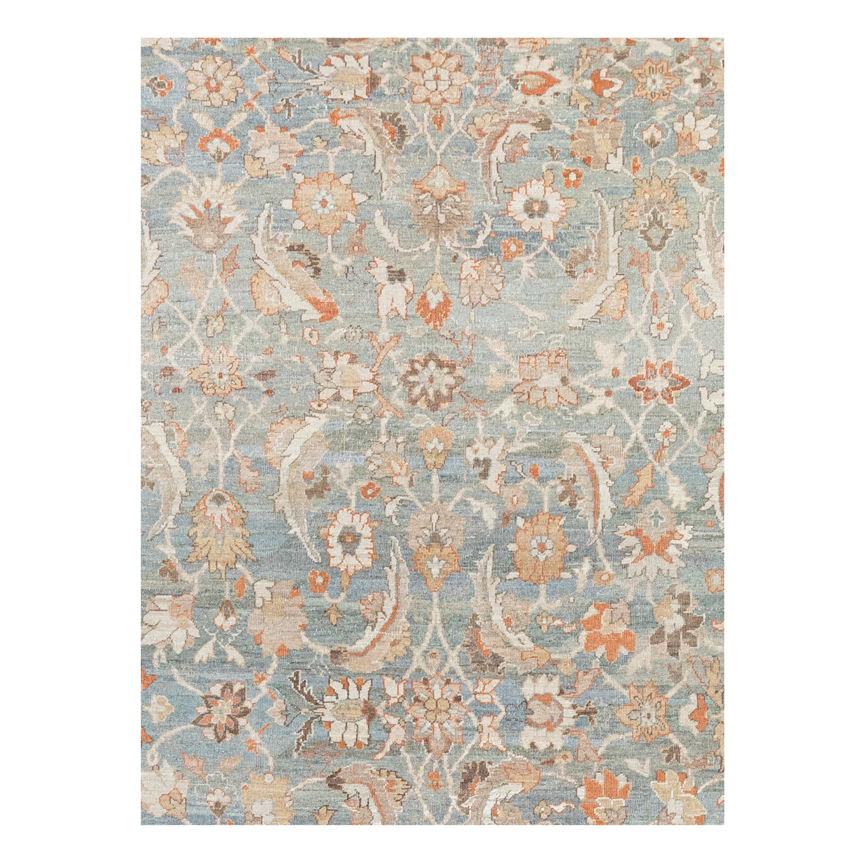 Sultanabad custom hand knotted traditional carpet featuring an elegant floral design in sky blue ivory champagne and soft terracotta tones by Nasiricarpets