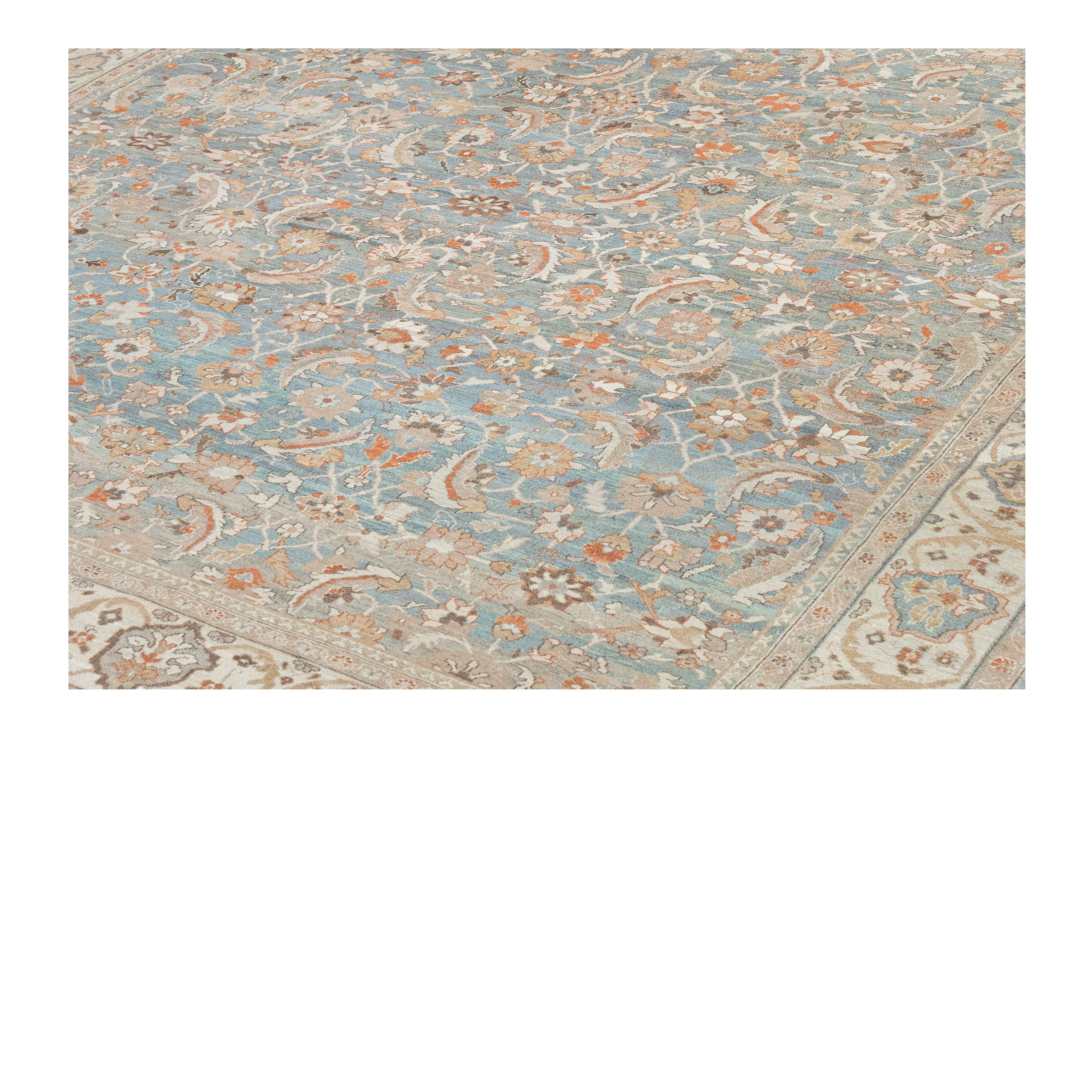 Sultanabad custom hand knotted traditional carpet featuring an elegant floral design in sky blue ivory champagne and soft terracotta tones by Nasiricarpets