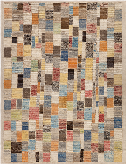 Atelier custom hand knotted contemporary carpet featuring an abstract mosaic design in ivory taupe blue ochre and muted coral tones by Nasiricarpets