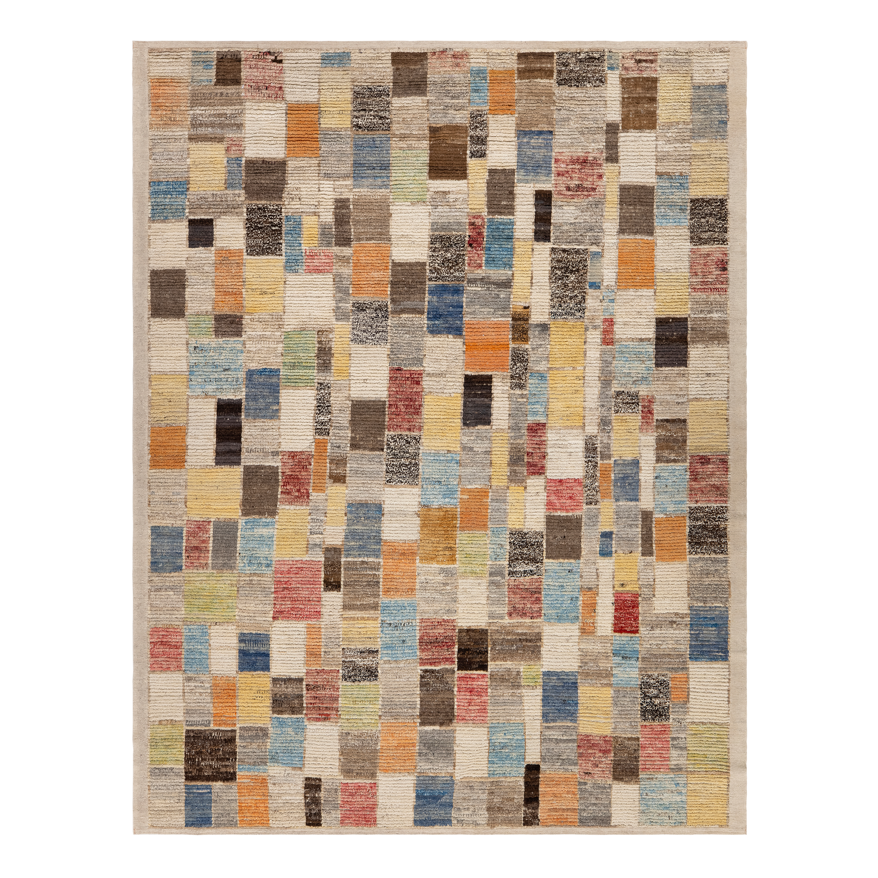 Atelier custom hand knotted contemporary carpet featuring an abstract mosaic design in ivory taupe blue ochre and muted coral tones by Nasiricarpets