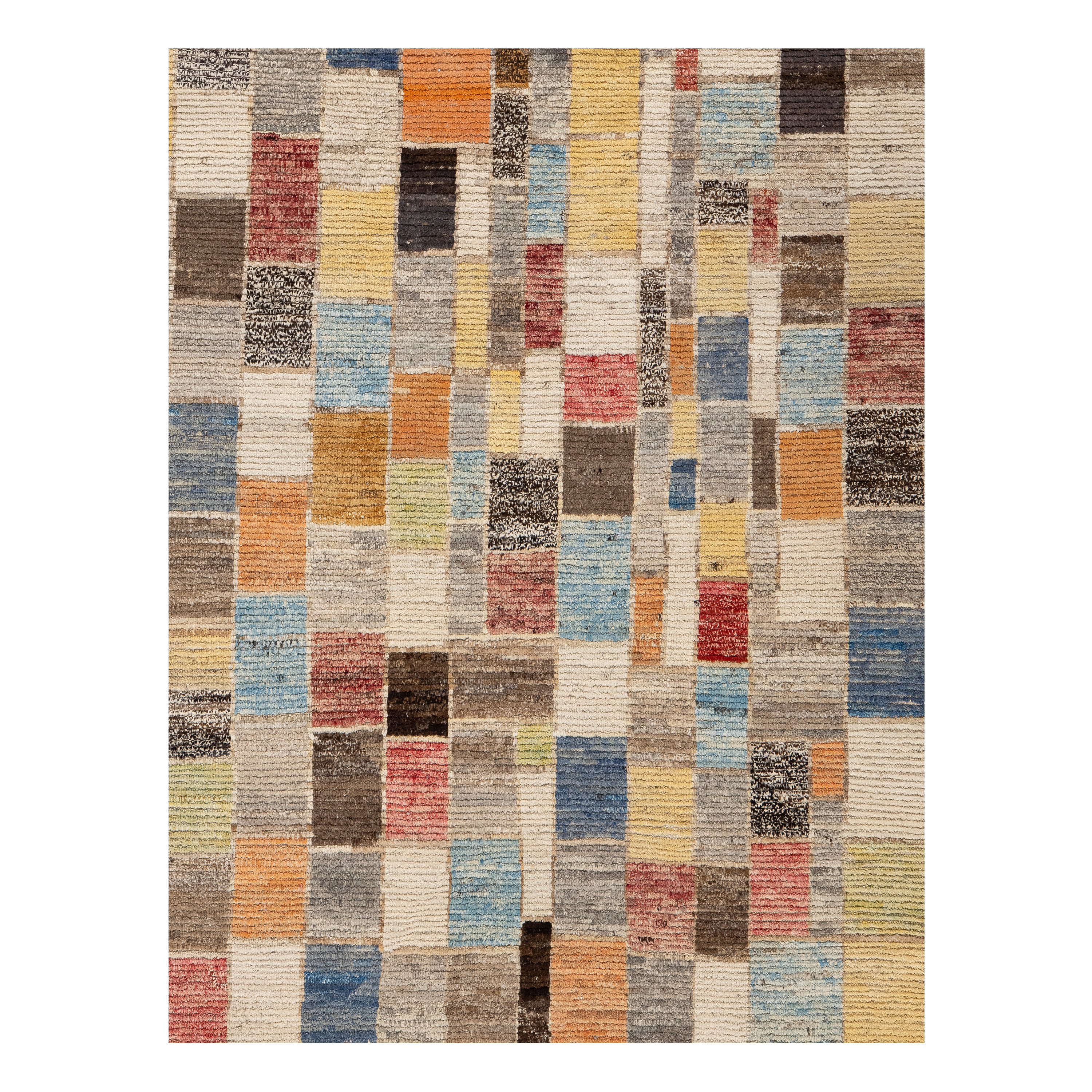 Atelier custom hand knotted contemporary carpet featuring an abstract mosaic design in ivory taupe blue ochre and muted coral tones by Nasiricarpets