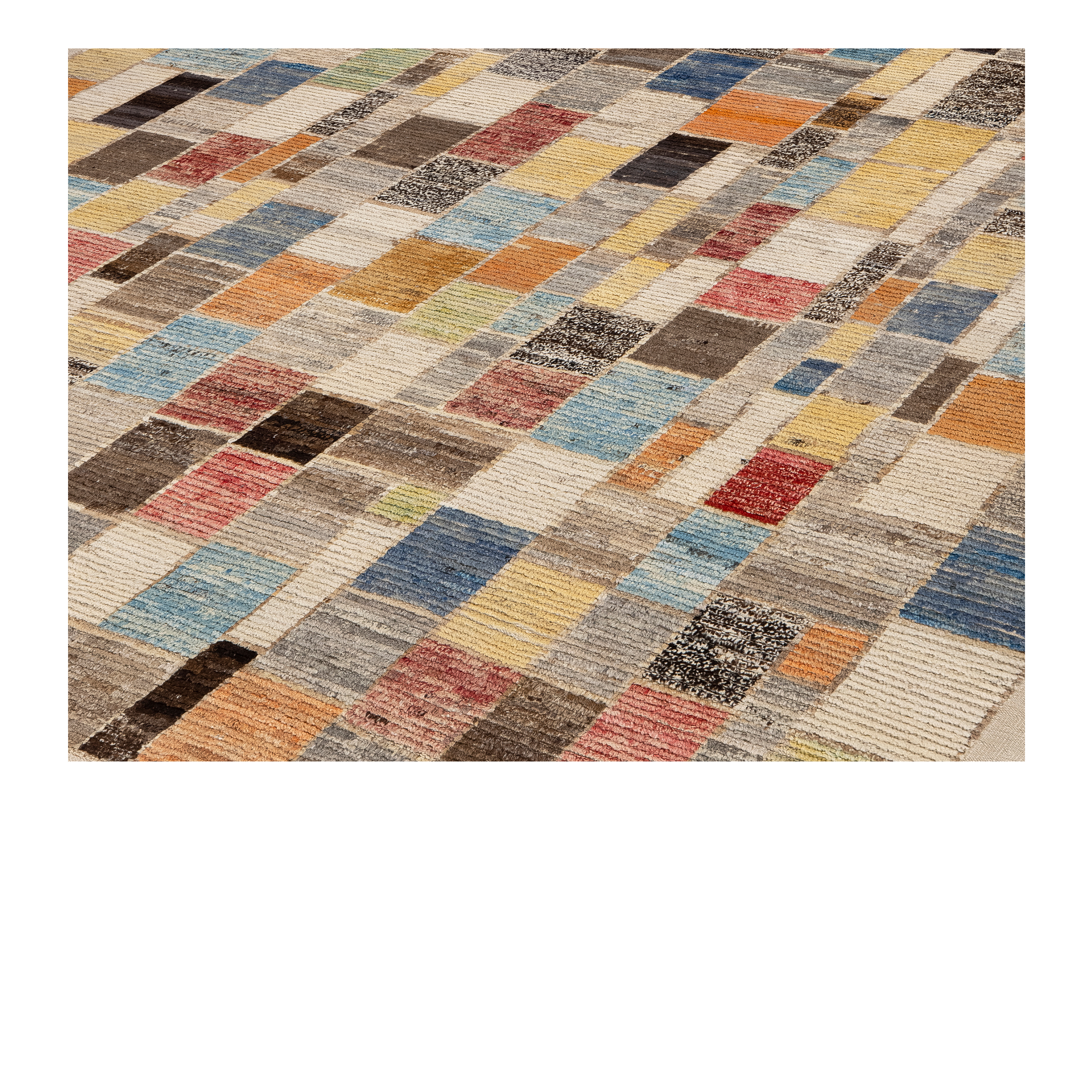 Atelier custom hand knotted contemporary carpet featuring an abstract mosaic design in ivory taupe blue ochre and muted coral tones by Nasiricarpets