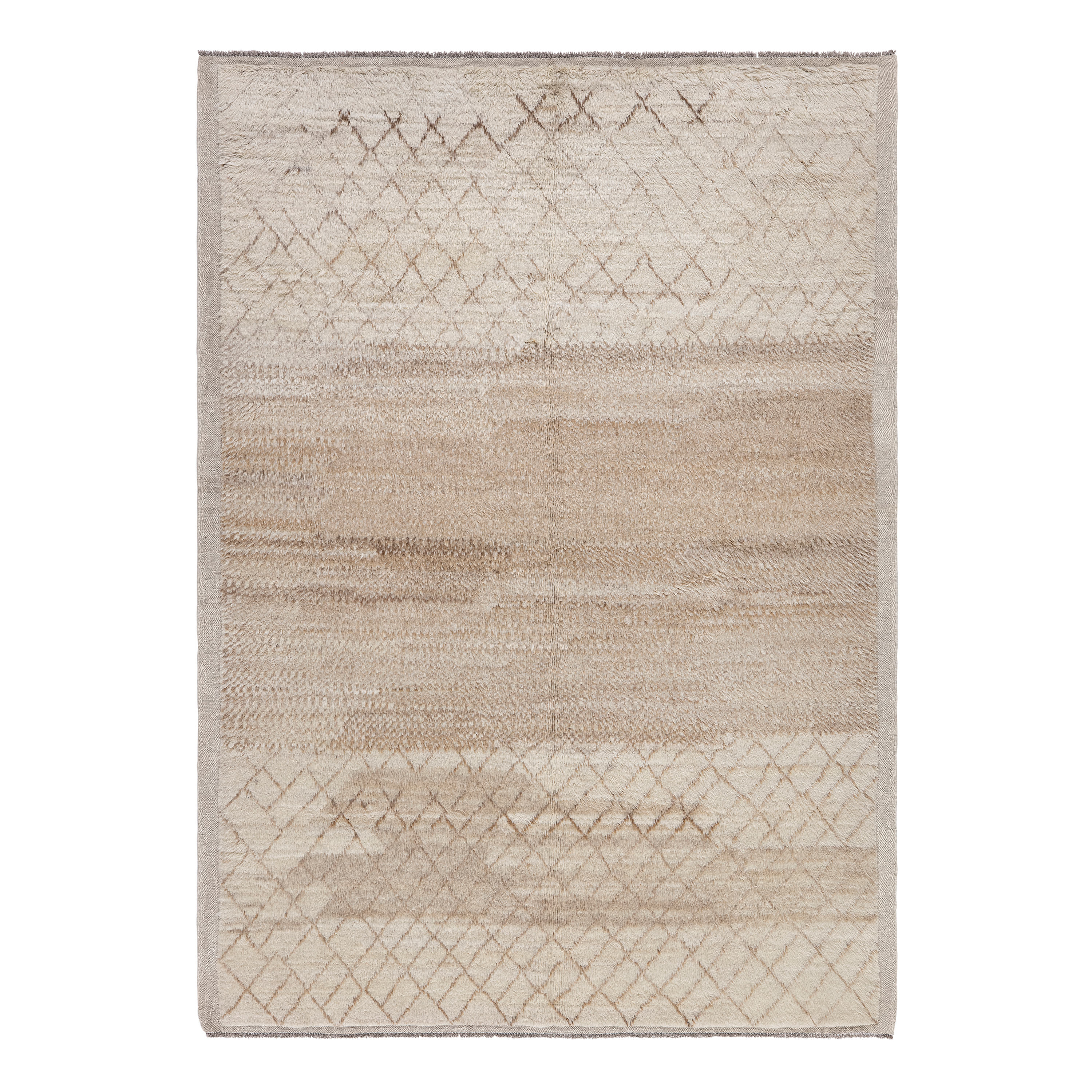 Strata custom hand knotted Moroccan carpet with organic diamond pattern in ivory oatmeal sand and warm beige tones by Nasiricarpets